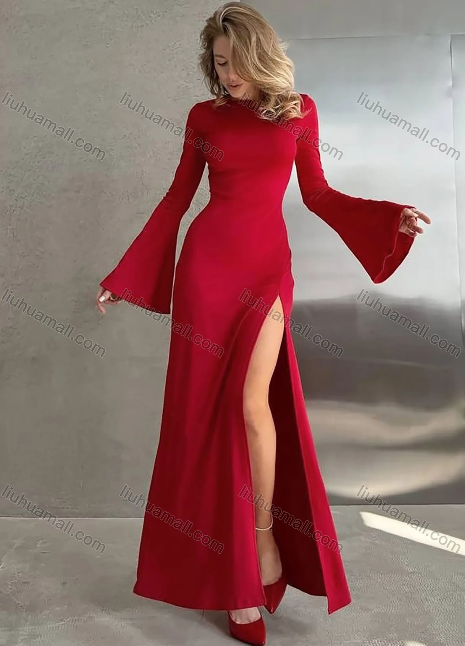 Wholesale Women's Elegant Plain Crew Neck Bell Sleeve Split Thigh Maxi Dress - Liuhuamall