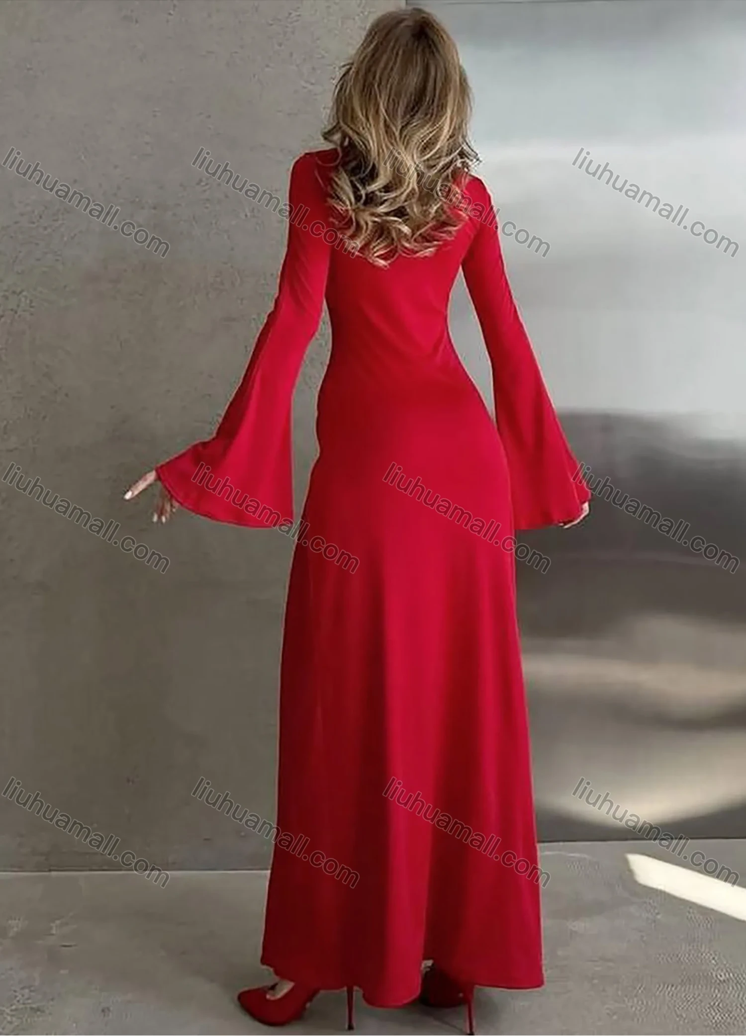 Wholesale Women's Elegant Plain Crew Neck Bell Sleeve Split Thigh Maxi Dress - Liuhuamall