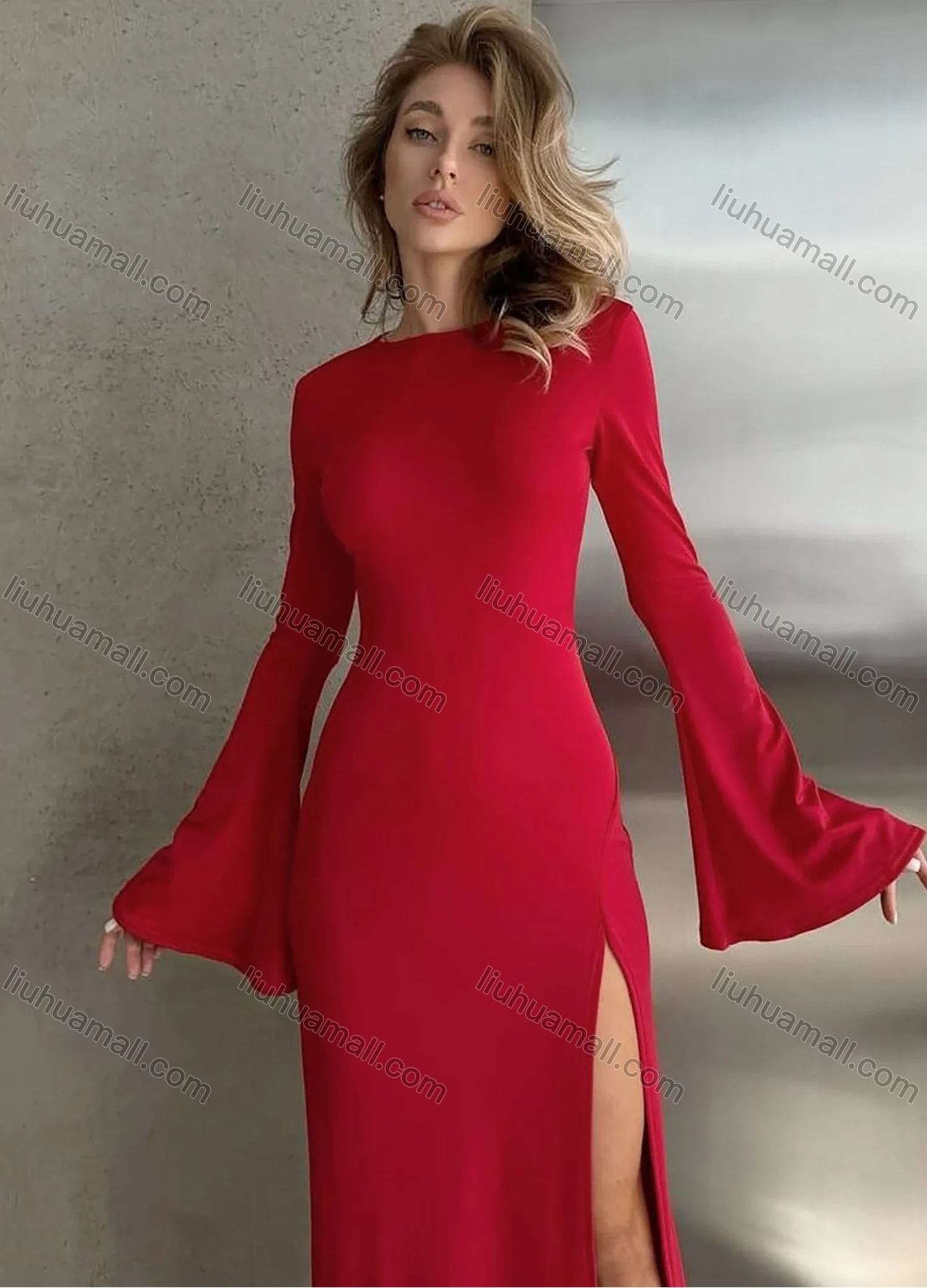 Wholesale Women's Elegant Plain Crew Neck Bell Sleeve Split Thigh Maxi Dress - Liuhuamall