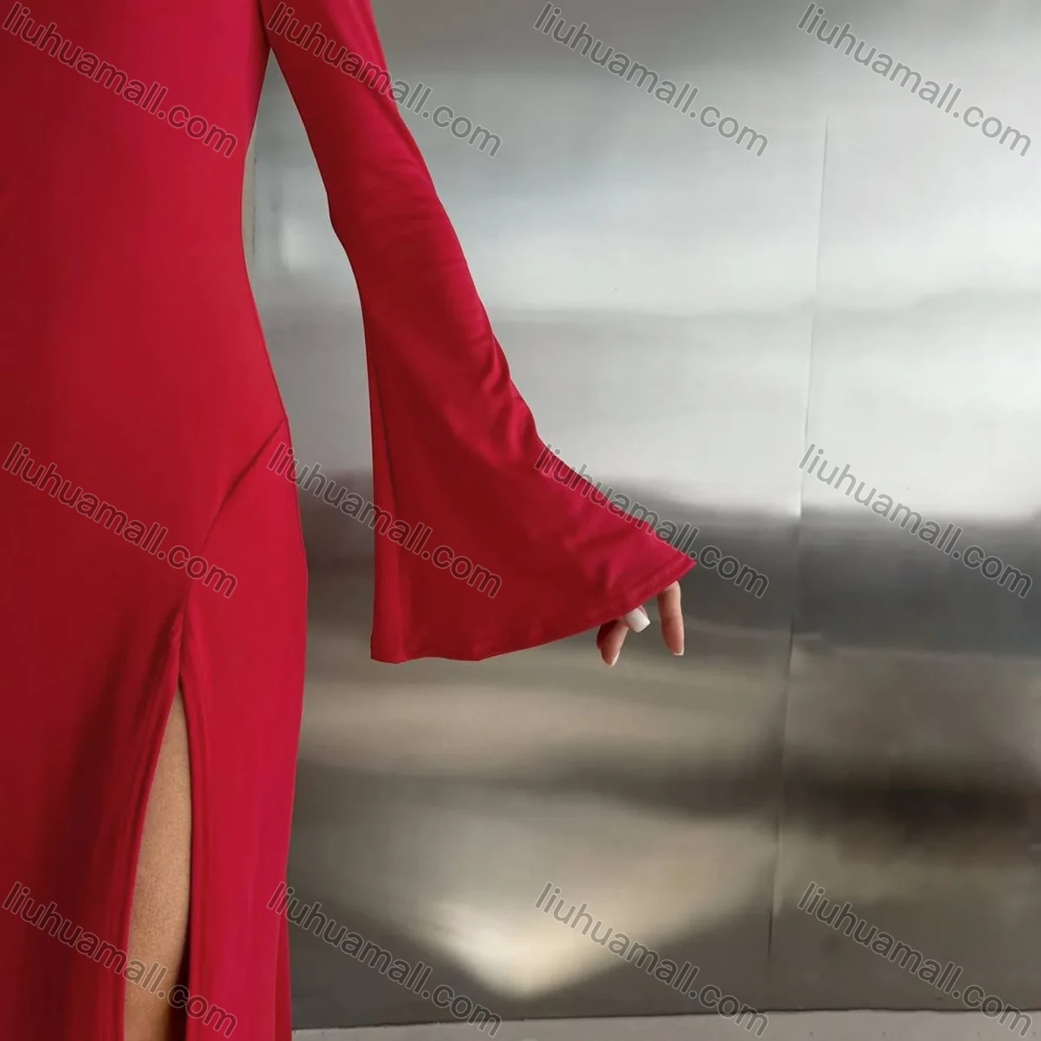 Wholesale Women's Elegant Plain Crew Neck Bell Sleeve Split Thigh Maxi Dress - Liuhuamall