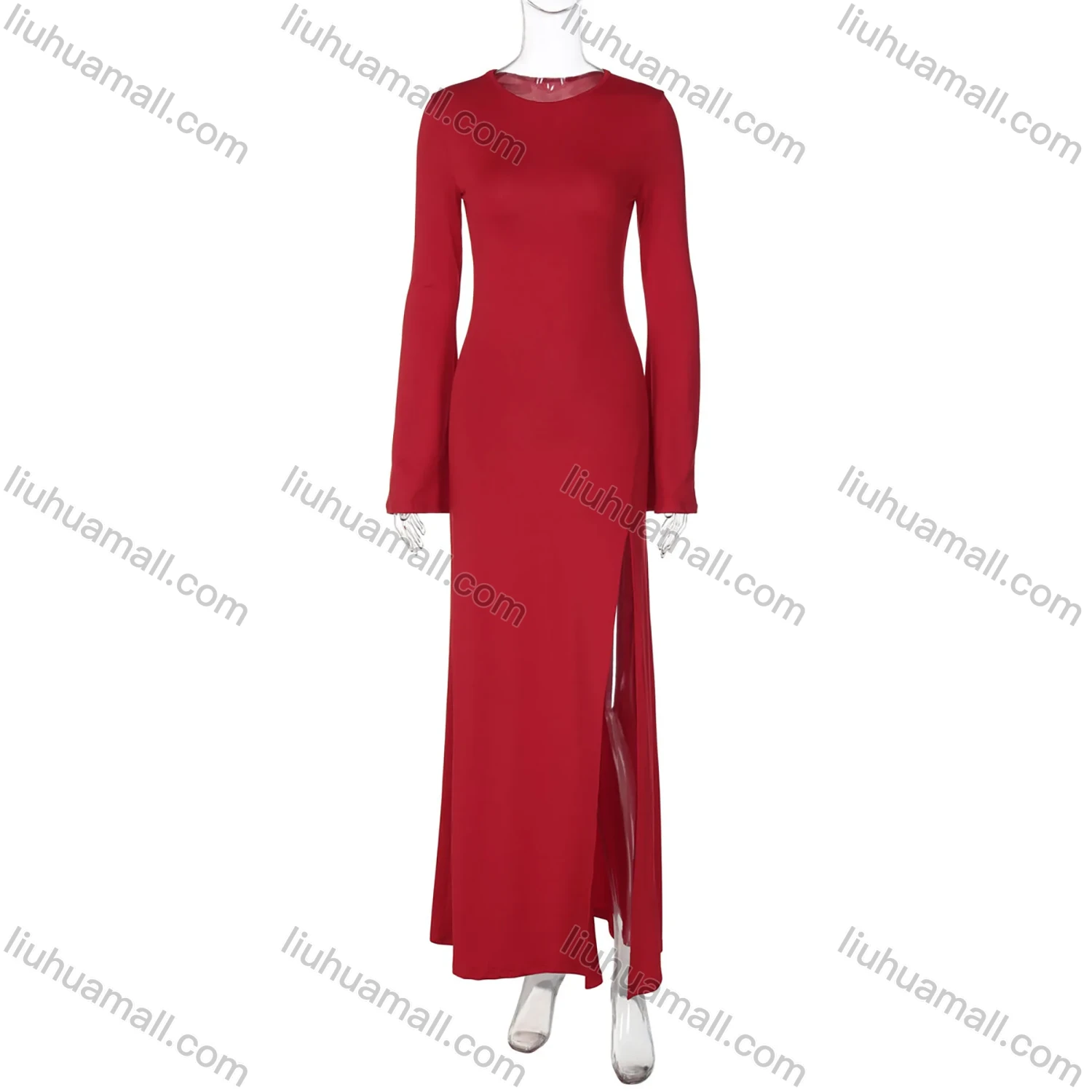 Wholesale Women's Elegant Plain Crew Neck Bell Sleeve Split Thigh Maxi Dress - Liuhuamall