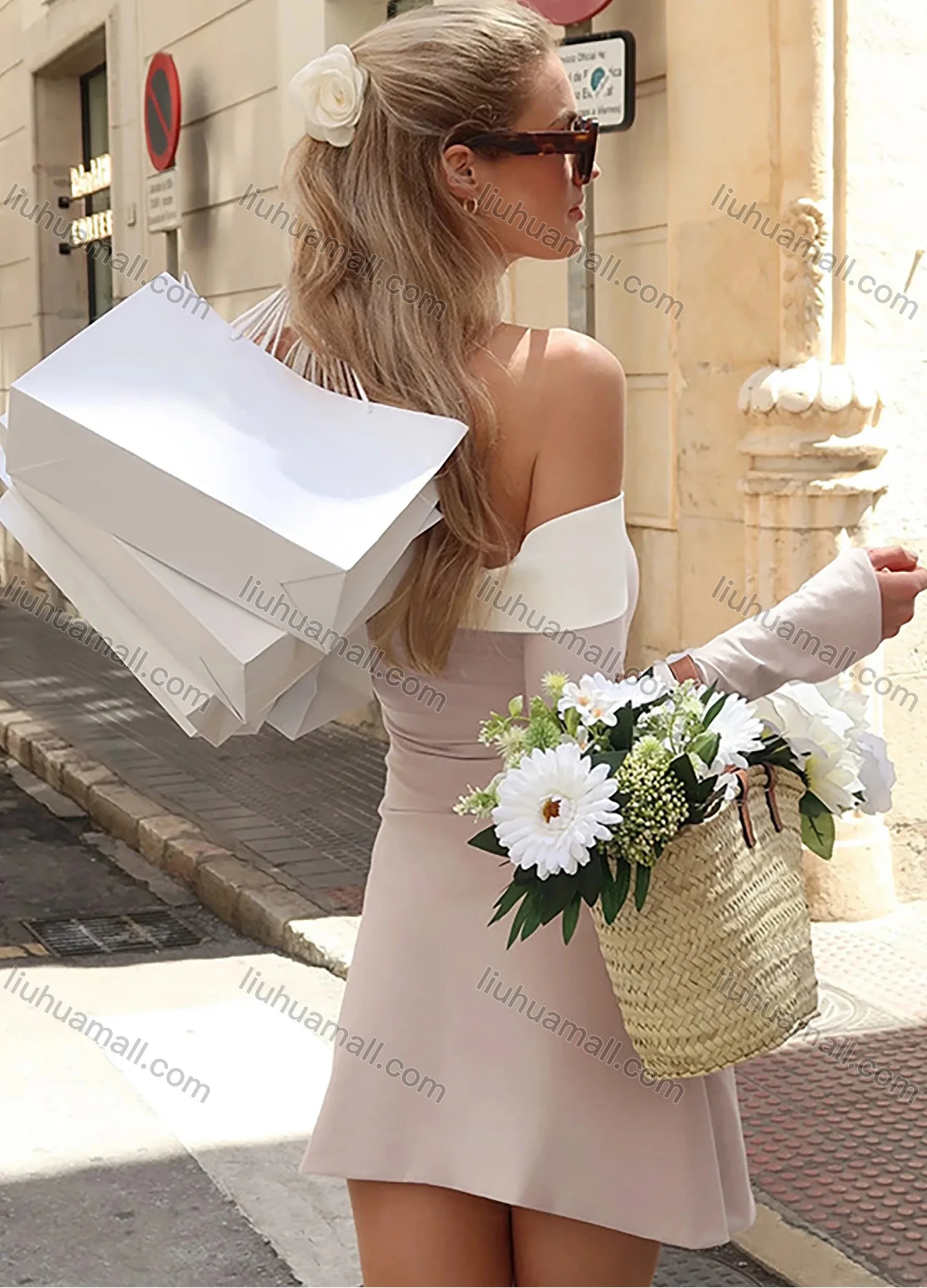 Wholesale Women's Elegant Plain Contrast Off Shoulder Long Sleeve Short Dress - Liuhuamall