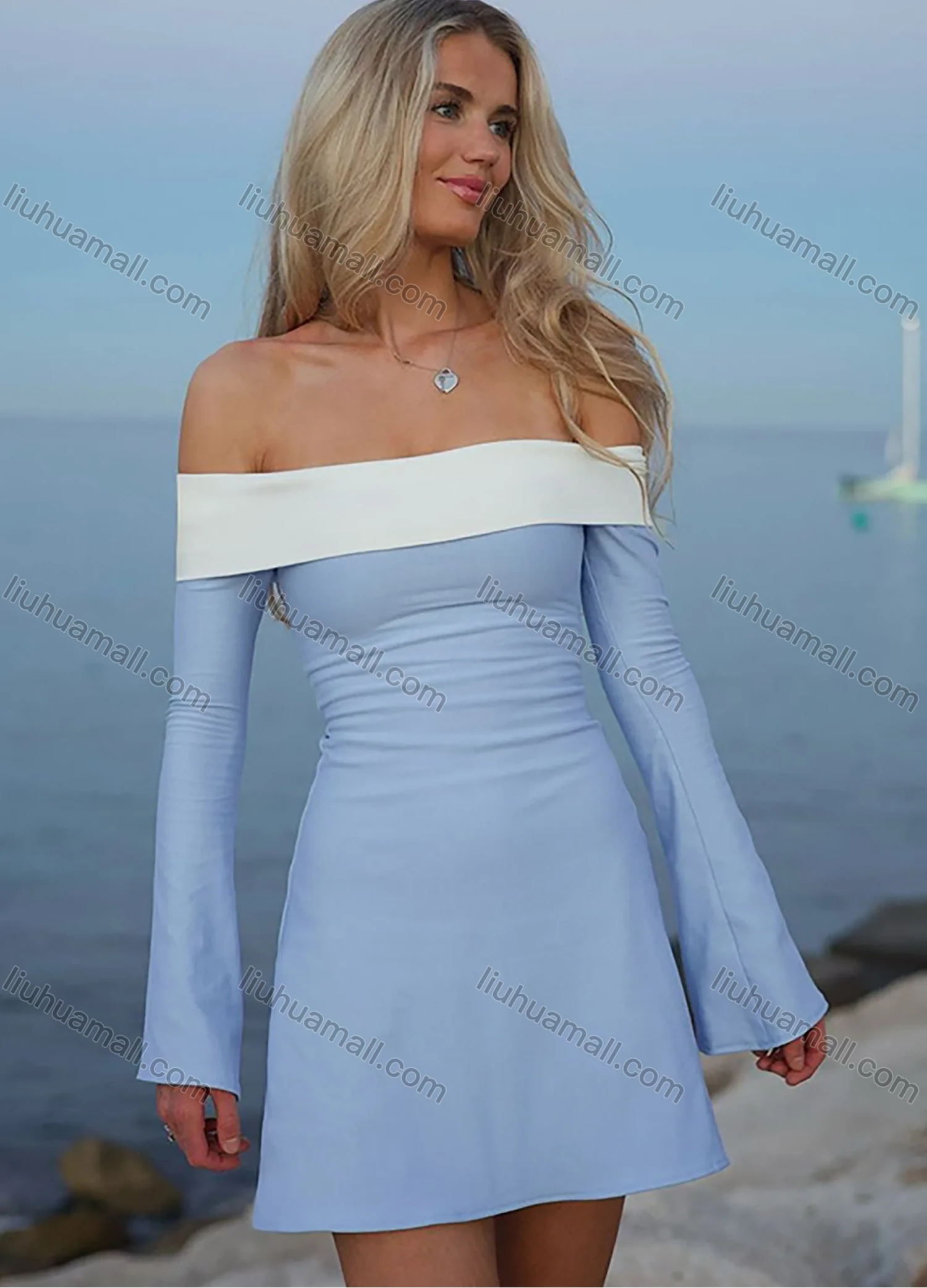 Wholesale Women's Elegant Plain Contrast Off Shoulder Long Sleeve Short Dress - Liuhuamall