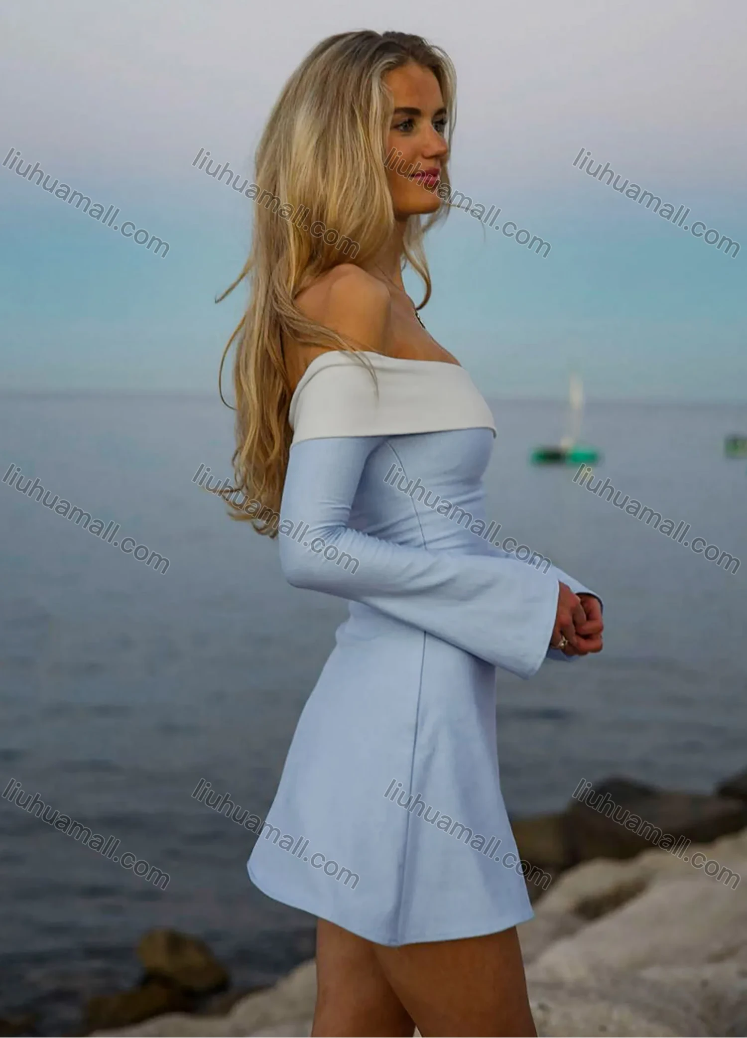 Wholesale Women's Elegant Plain Contrast Off Shoulder Long Sleeve Short Dress - Liuhuamall