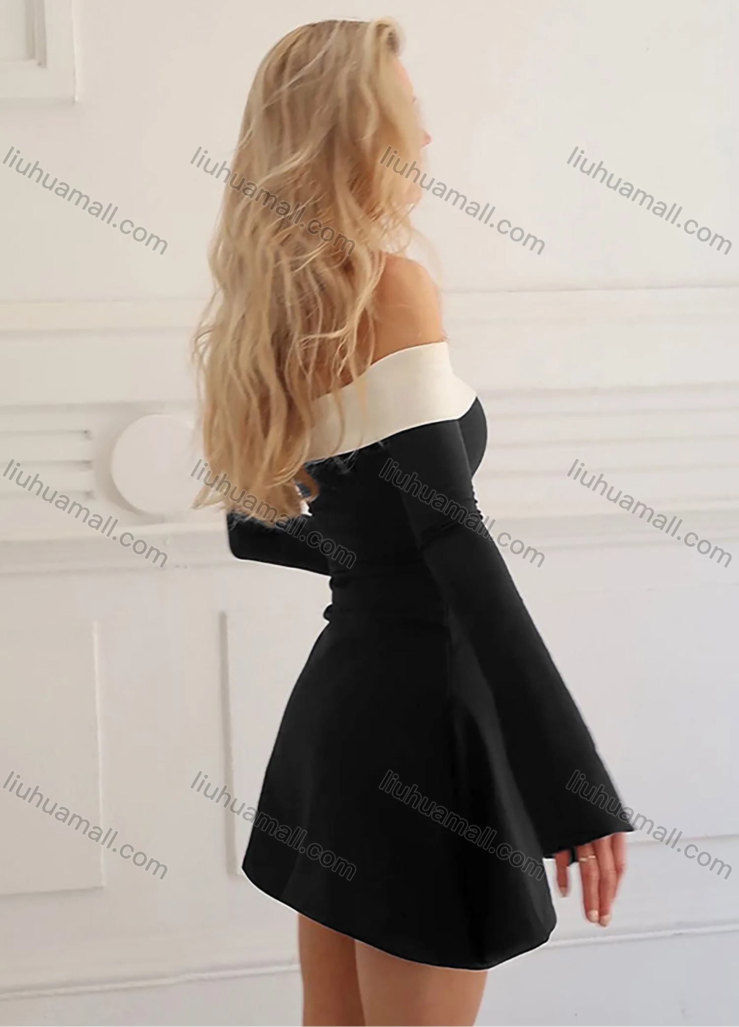 Wholesale Women's Elegant Plain Contrast Off Shoulder Long Sleeve Short Dress - Liuhuamall