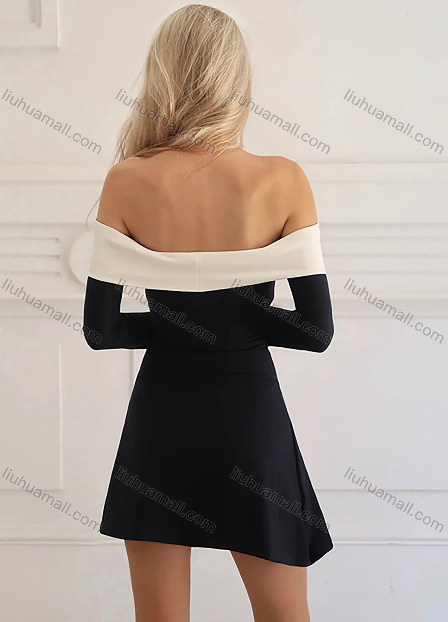 Wholesale Women's Elegant Plain Contrast Off Shoulder Long Sleeve Short Dress - Liuhuamall