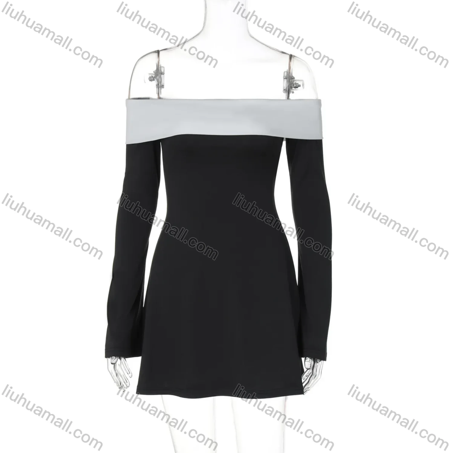 Wholesale Women's Elegant Plain Contrast Off Shoulder Long Sleeve Short Dress - Liuhuamall