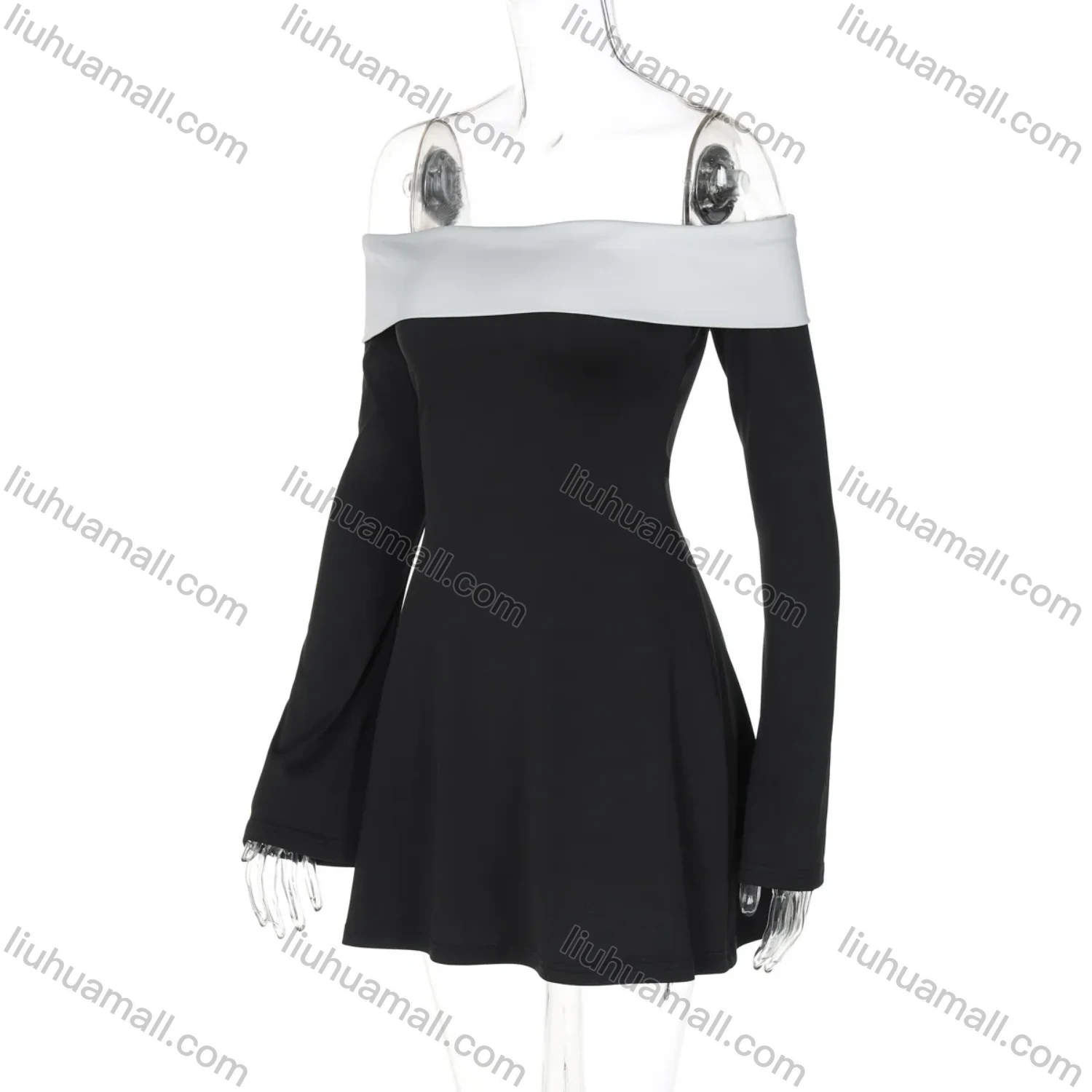Wholesale Women's Elegant Plain Contrast Off Shoulder Long Sleeve Short Dress - Liuhuamall