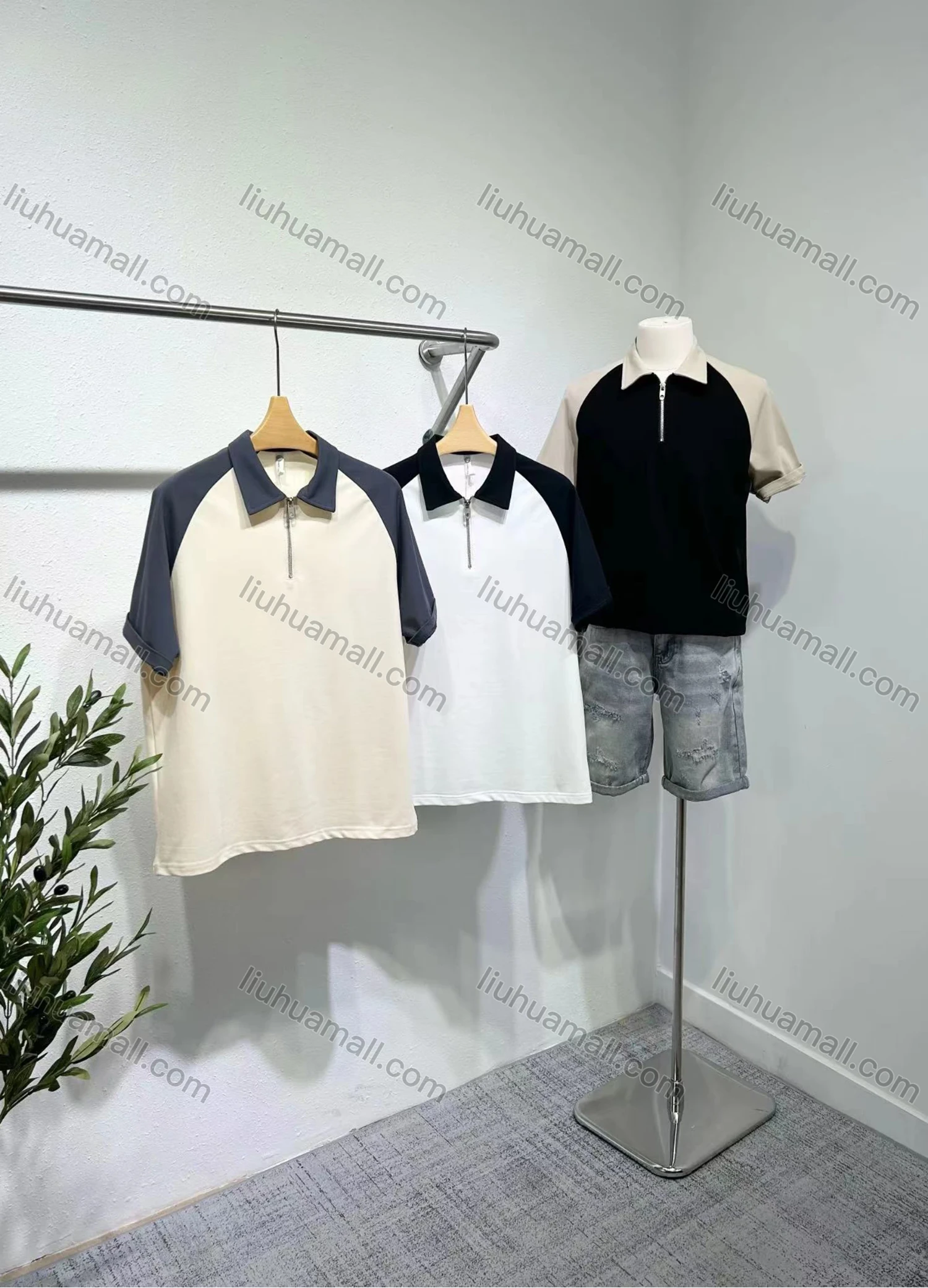 Wholesale Men's Casual Plain Collared Quarter Zip Raglan Short Sleeve Henley Shirt E90063# - Liuhuamall