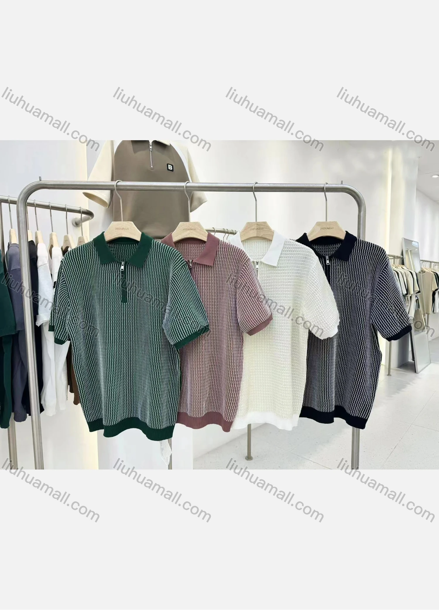 Wholesale Men's Casual Striped Collared Quarter Zip Contrast Short Sleeve Henley Shirt F6155# - Liuhuamall