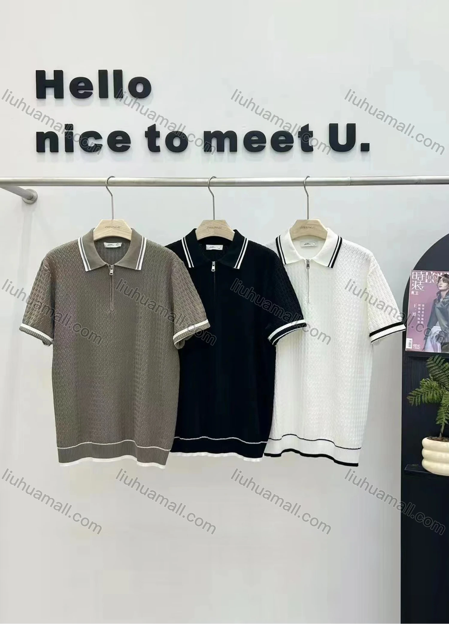 Wholesale Men's Casual Plain Collared Quarter Zip Striped Trim Short Sleeve Henley Shirt F6129# - Liuhuamall