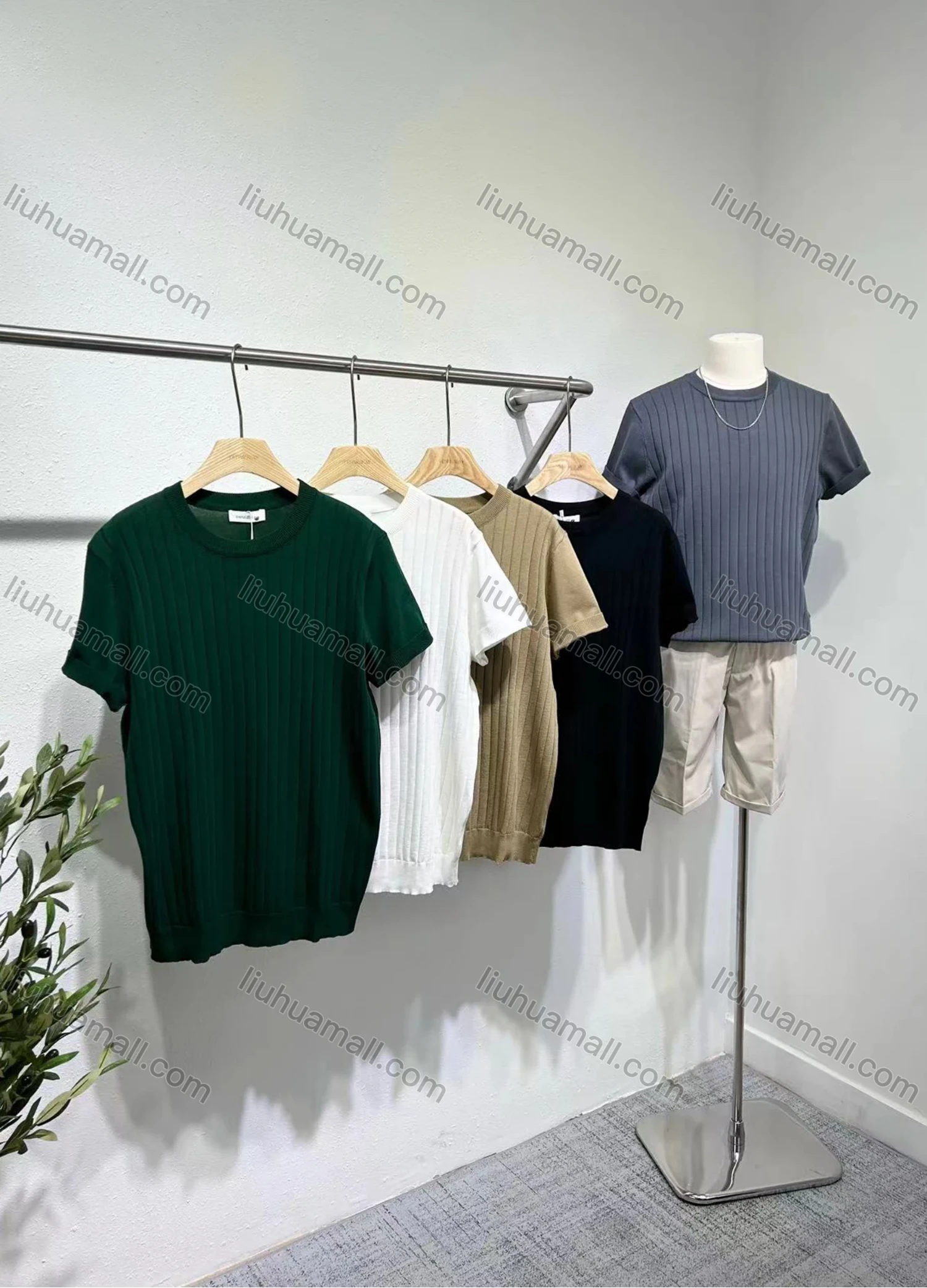 Wholesale Men's Casual Round Neck Plain Ribbed Short Sleeve Tee E75005# - Liuhuamall