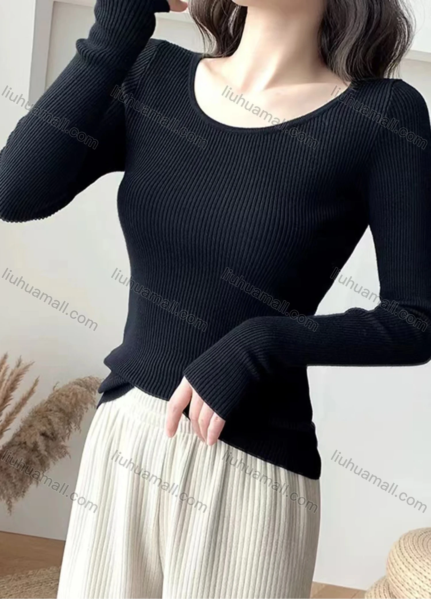 Wholesale Women's Casual Round Neck Long Sleeve Ribbed Slim Fit Knit Sweater 8801# - Liuhuamall