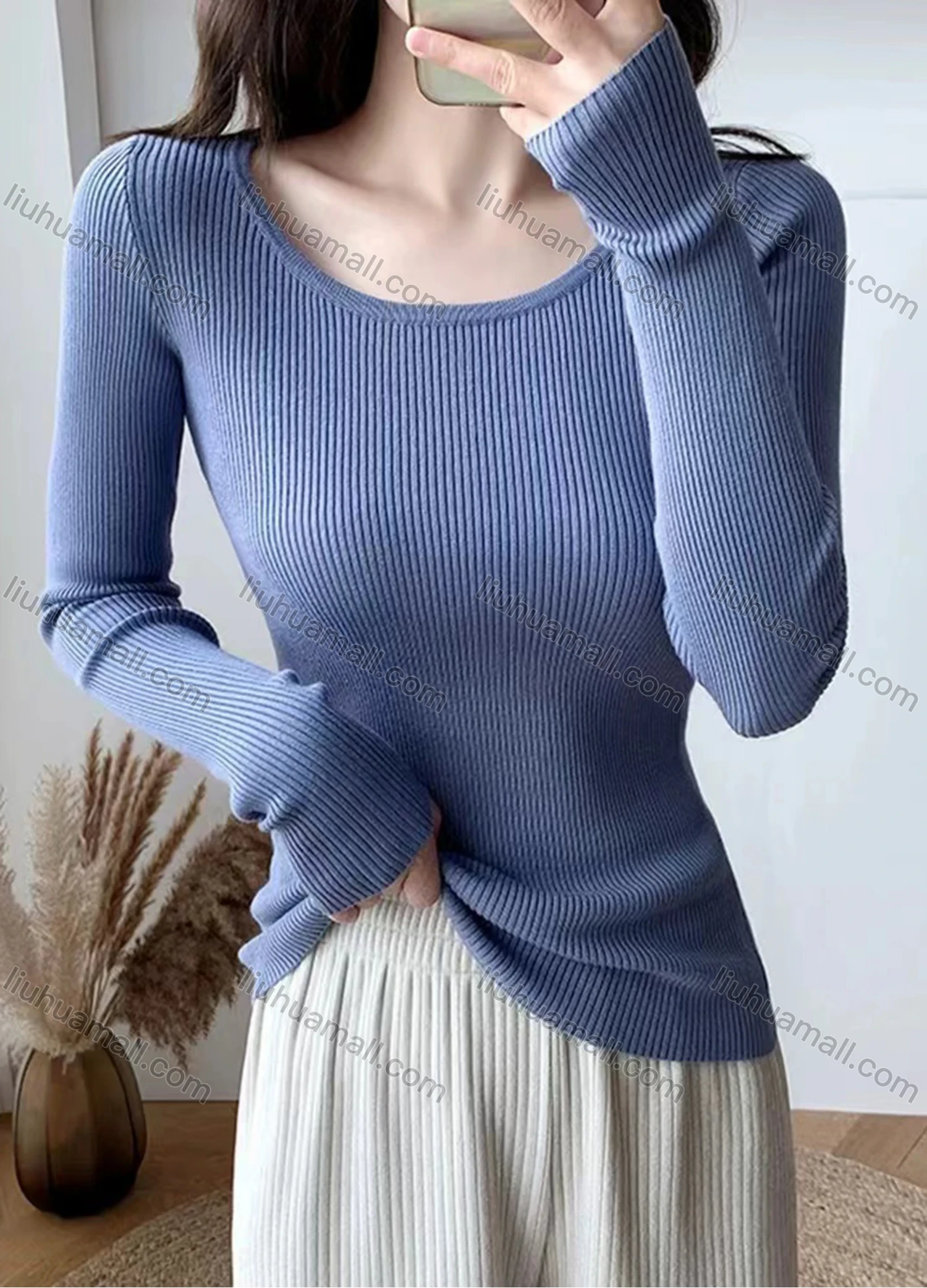 Wholesale Women's Casual Round Neck Long Sleeve Ribbed Slim Fit Knit Sweater 8801# - Liuhuamall