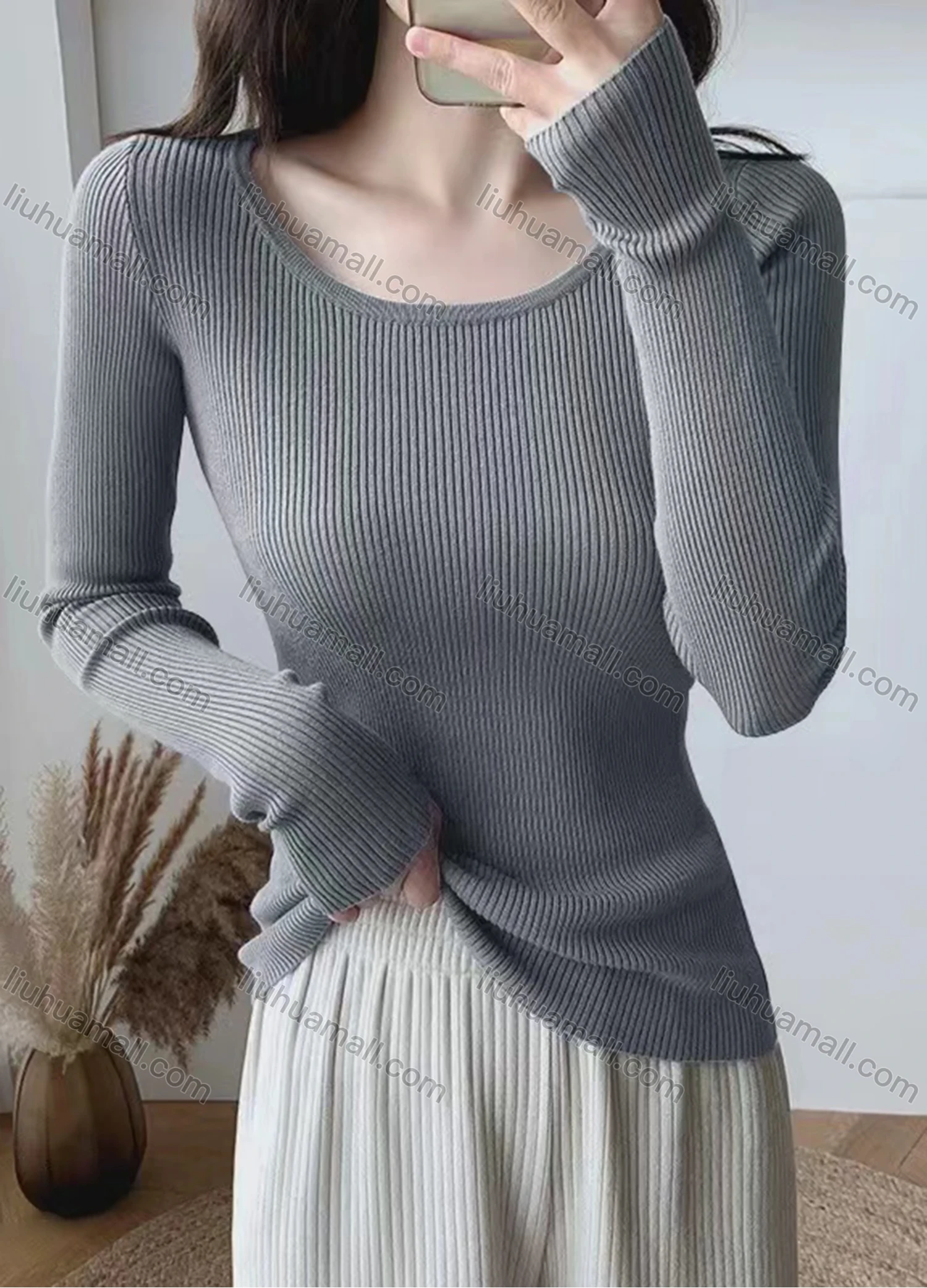 Wholesale Women's Casual Round Neck Long Sleeve Ribbed Slim Fit Knit Sweater 8801# - Liuhuamall