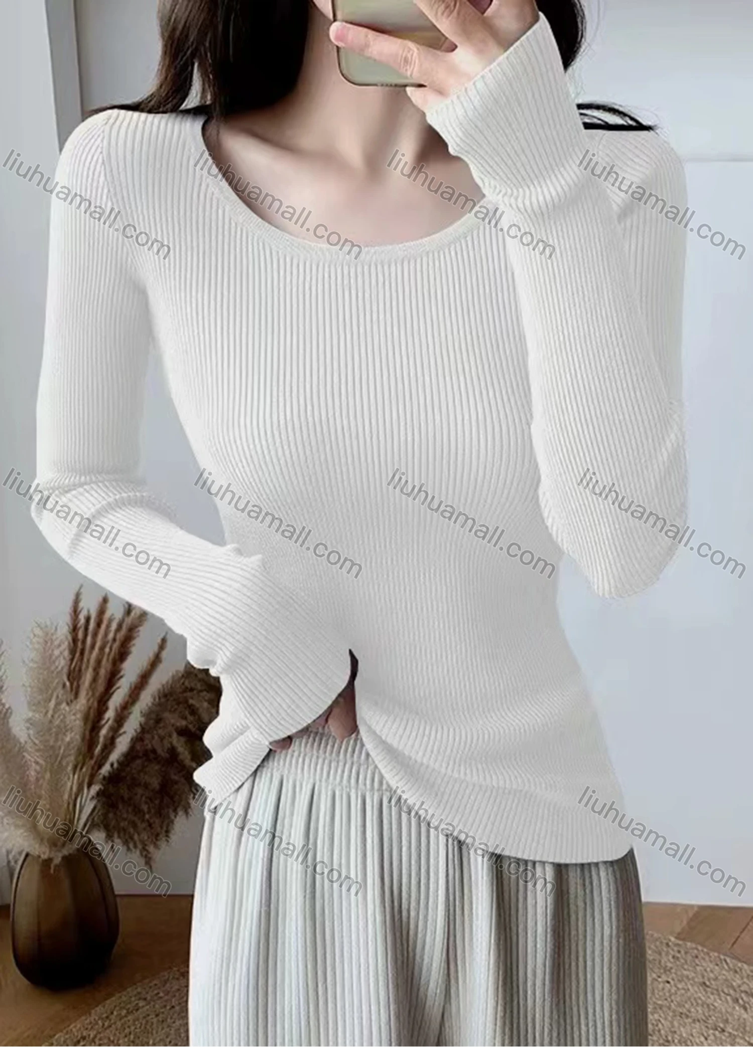 Wholesale Women's Casual Round Neck Long Sleeve Ribbed Slim Fit Knit Sweater 8801# - Liuhuamall