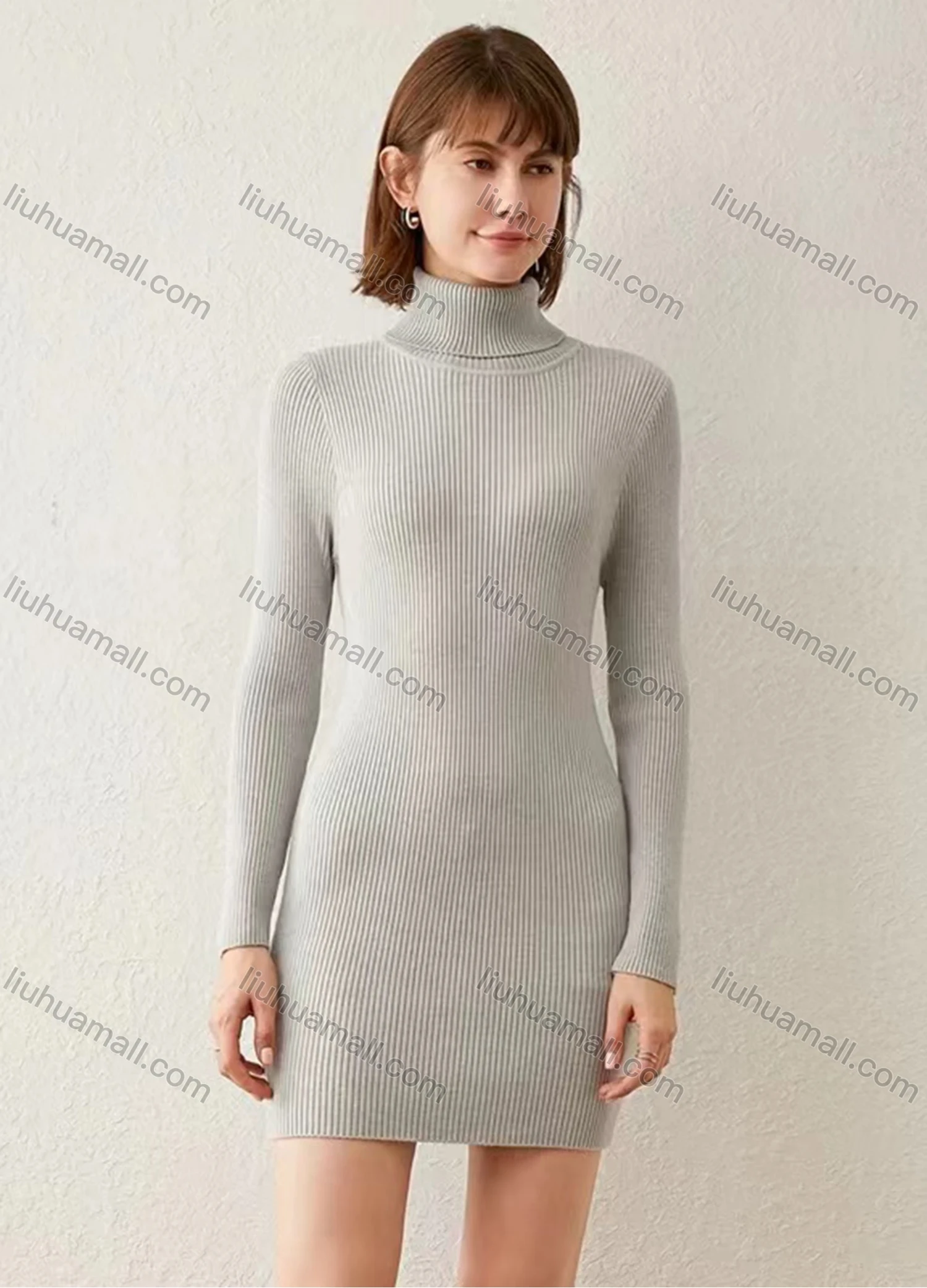 Wholesale Women's Casual Turtleneck Plain Long Sleeve Ribbed Slim Fit Knit Sweater Short Dress 8805# - Liuhuamall