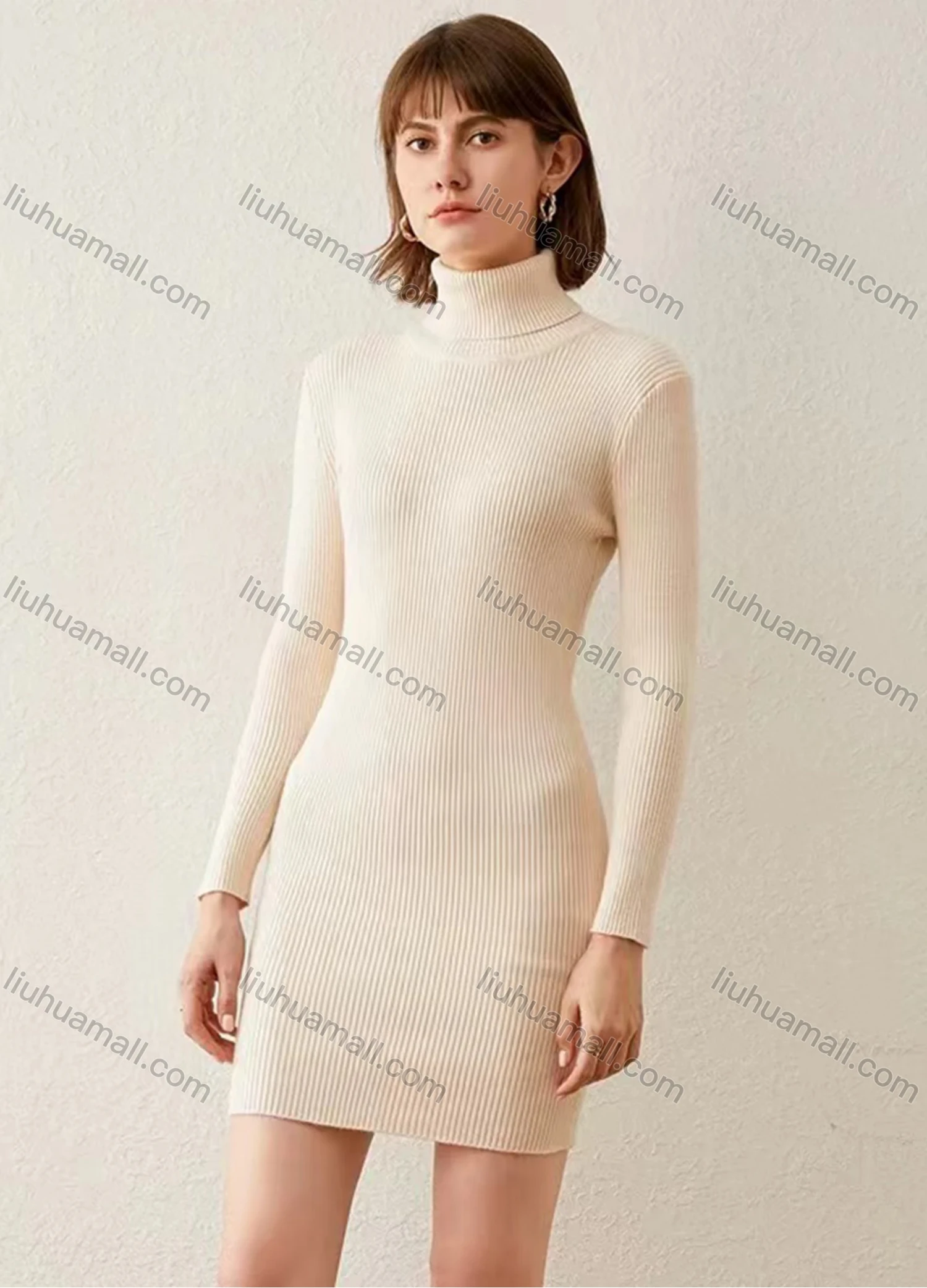 Wholesale Women's Casual Turtleneck Plain Long Sleeve Ribbed Slim Fit Knit Sweater Short Dress 8805# - Liuhuamall