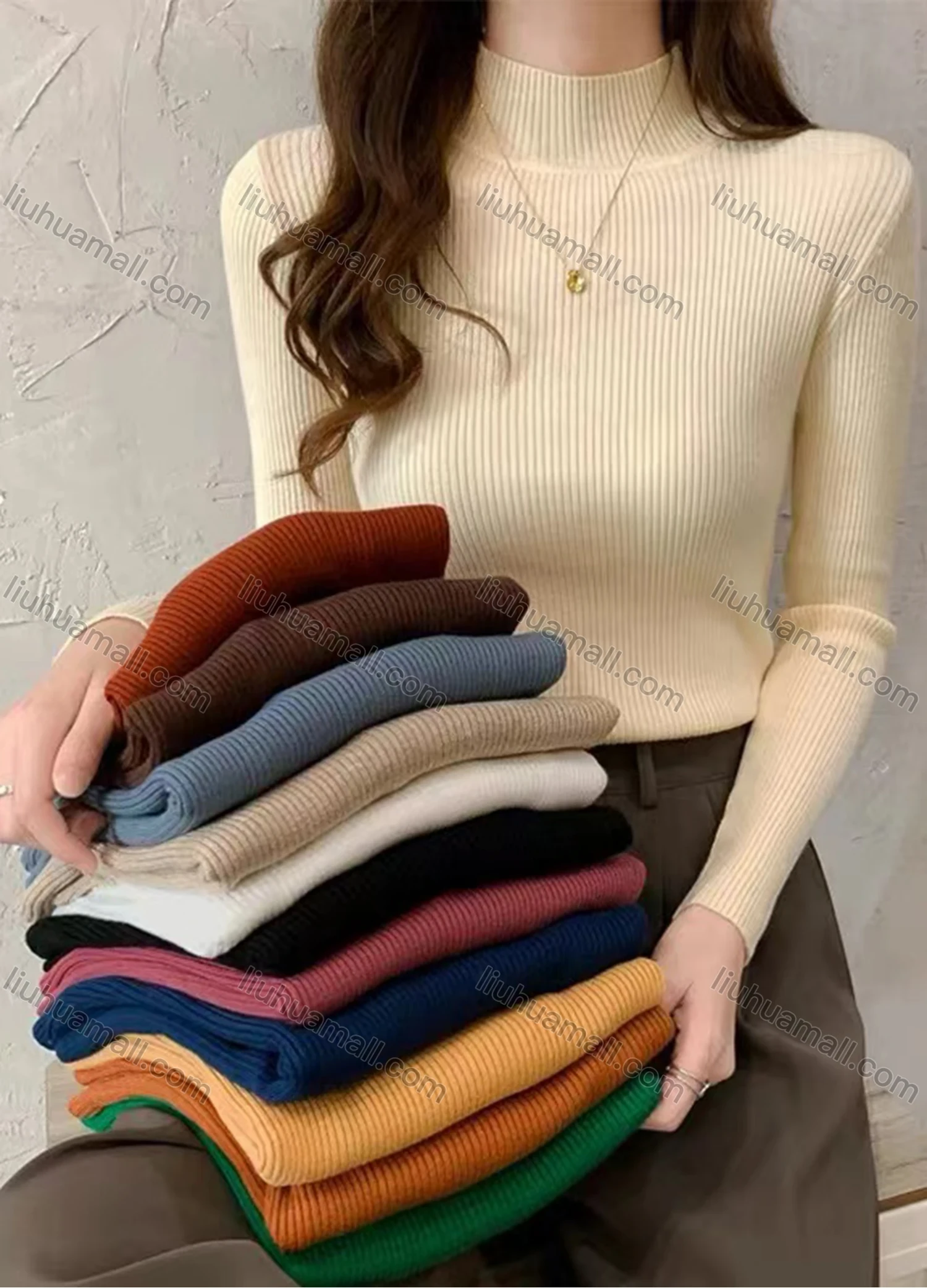 Wholesale Women's Casual High Neck Long Sleeve Ribbed Slim Fit Knit Sweater 8806# - Liuhuamall