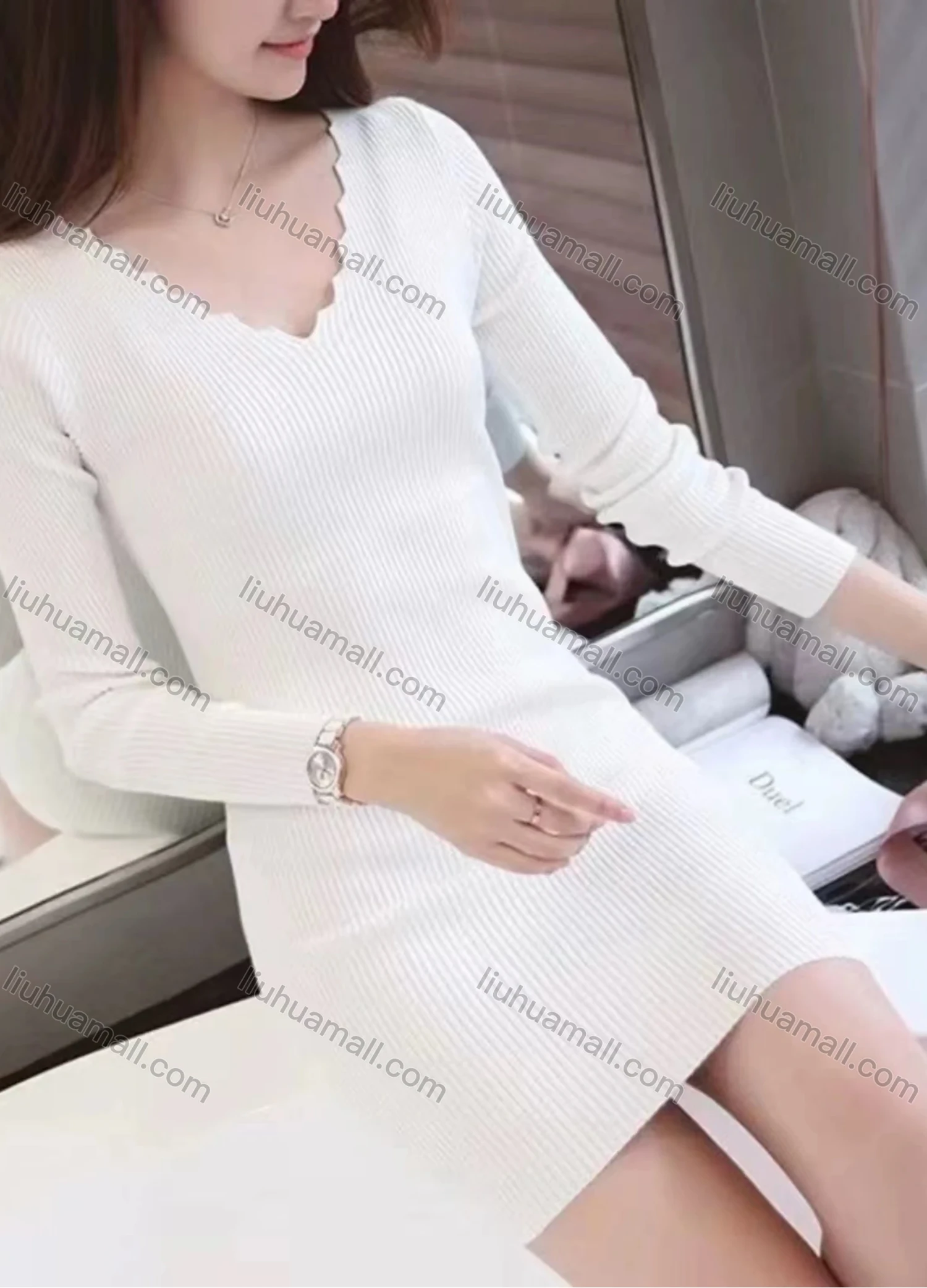 Wholesale Women's Casual V Neck Plain Long Sleeve Knit Ribbed Sweater Short Dress 9804# - Liuhuamall