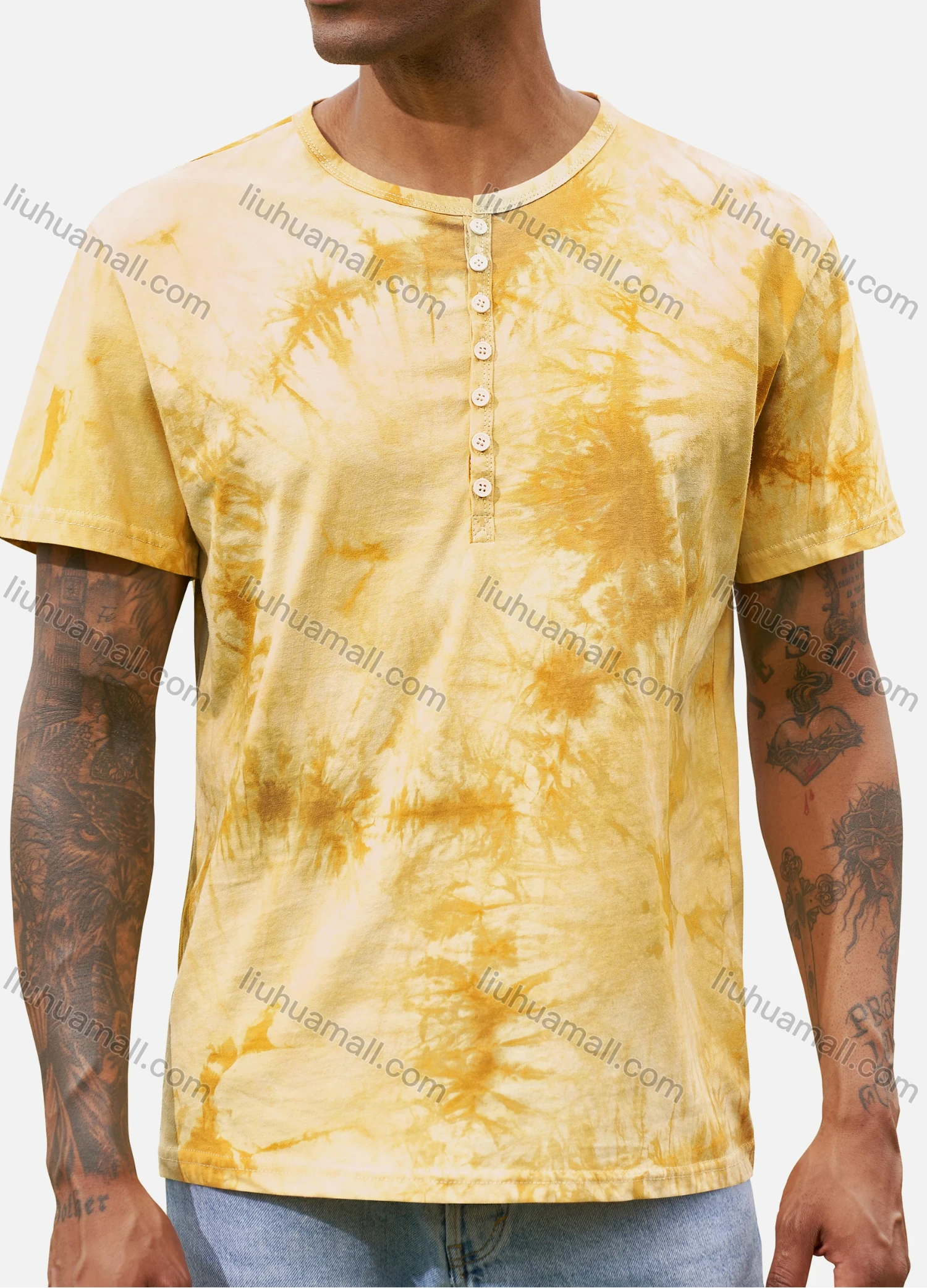 Wholesale Men's 100%Cotton Round Neck Tie Dye Short Sleeve Button Front Henry Shirt D3BT49# - Liuhuamall
