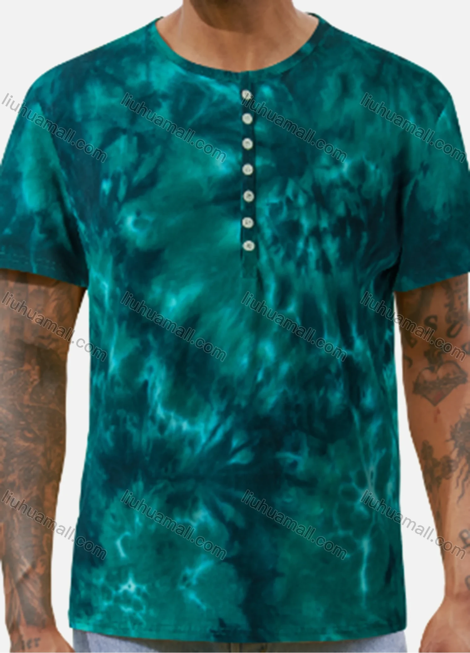 Wholesale Men's 100%Cotton Round Neck Tie Dye Short Sleeve Button Front Henry Shirt D3BT49# - Liuhuamall