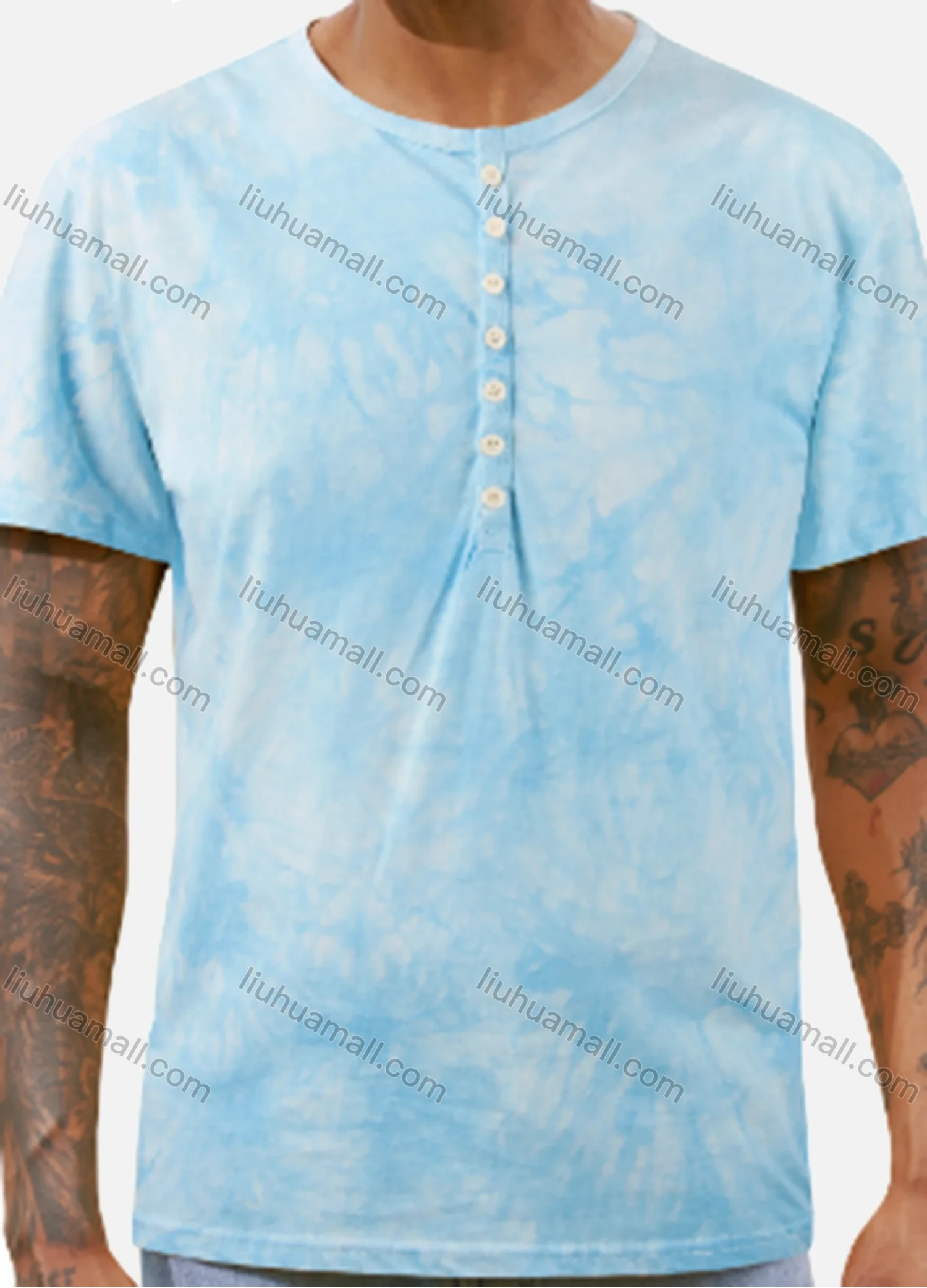 Wholesale Men's 100%Cotton Round Neck Tie Dye Short Sleeve Button Front Henry Shirt D3BT49# - Liuhuamall