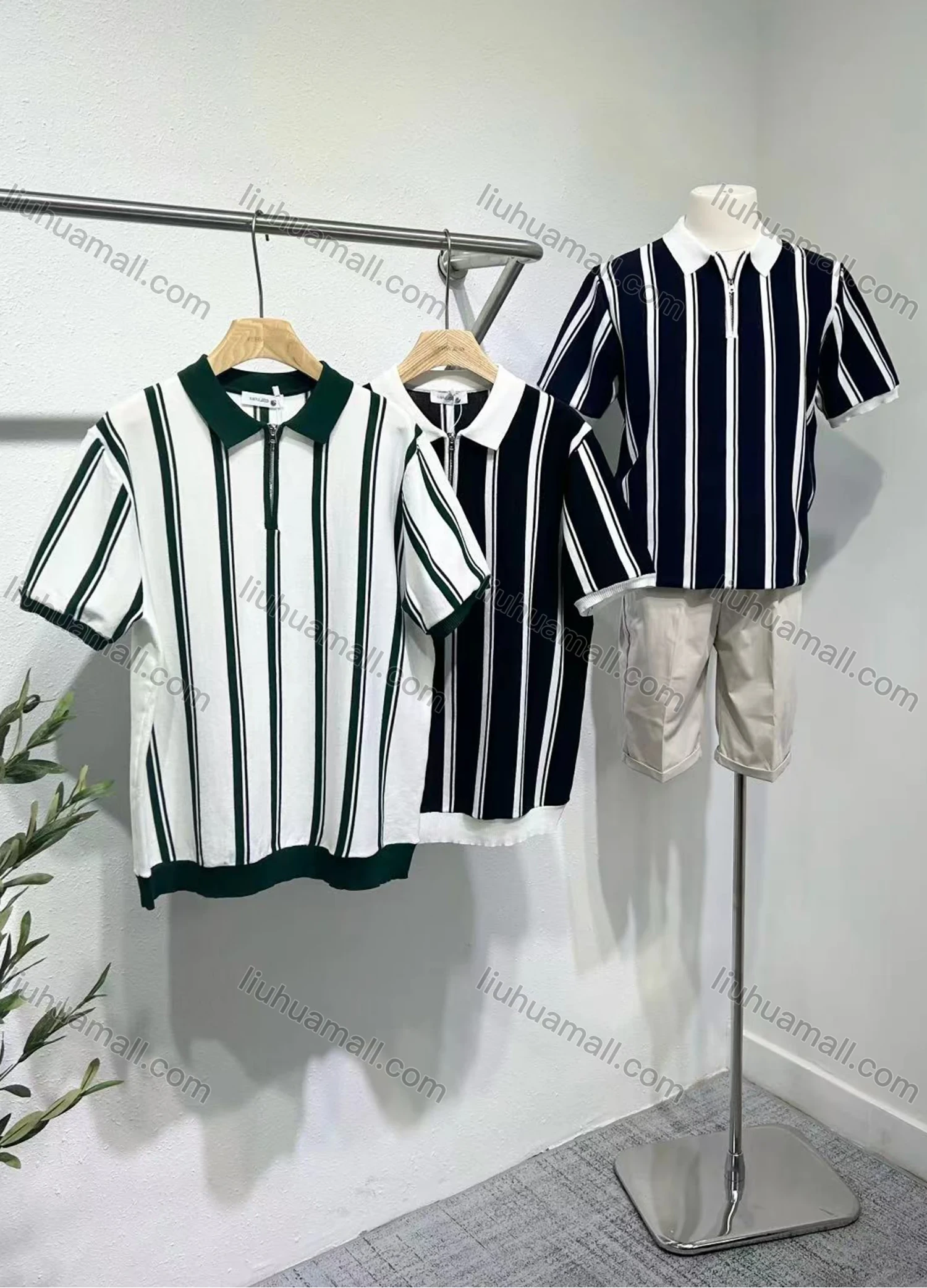 Wholesale Men's Casual Striped Contrast Quarter Zip Short Sleeve Henley Shirt E75035# - Liuhuamall