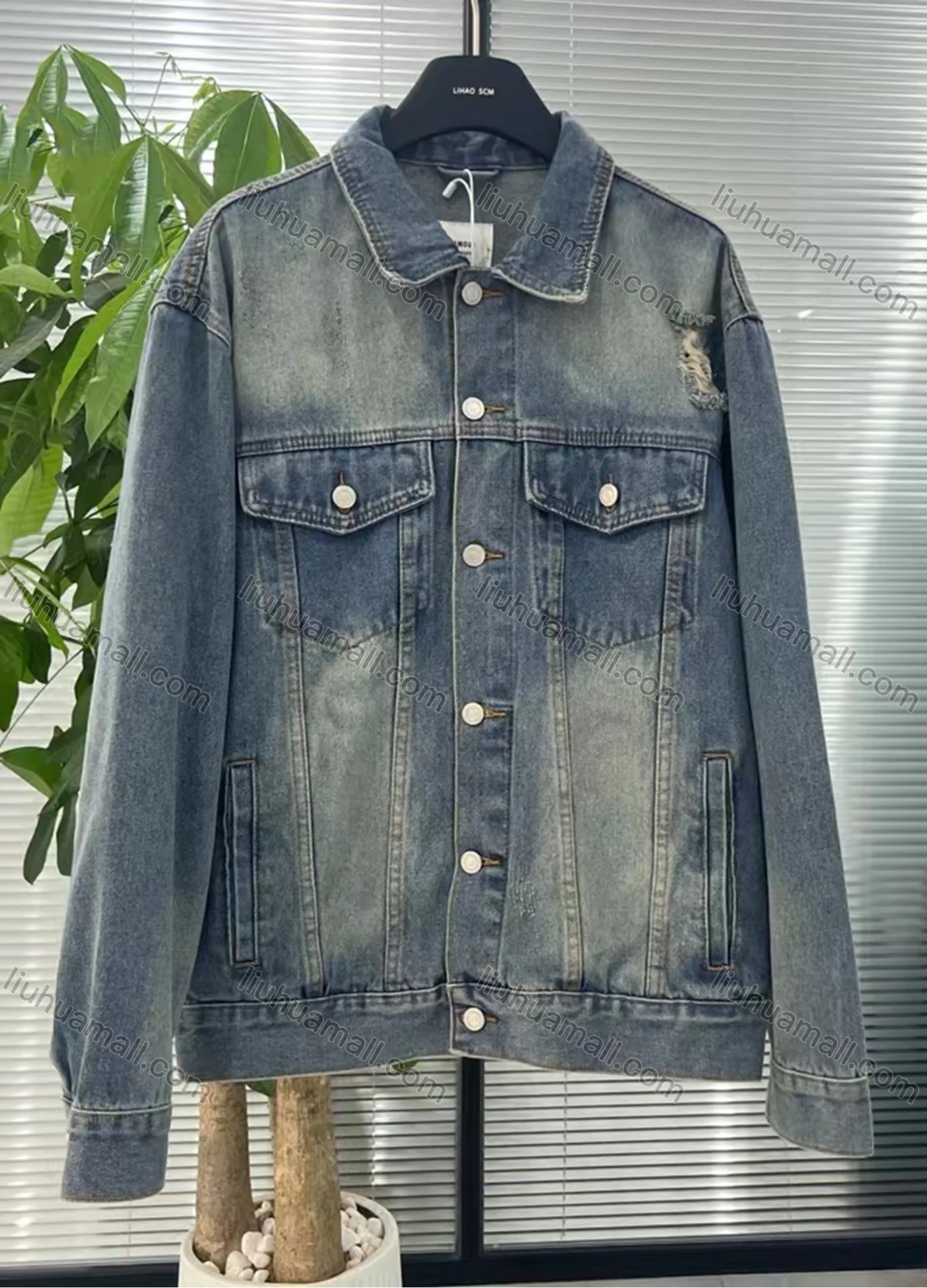 Wholesale Men's Casual Plain Button Down Ripped Flap Pockets Denim Jacket W004# - Liuhuamall