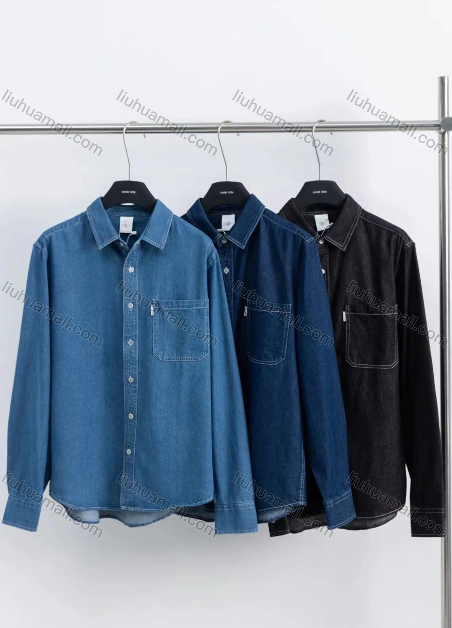 Wholesale Men's Casual Collared Plain Button Down Long Sleeve Patch Pocket Overshirt W1019# - Liuhuamall