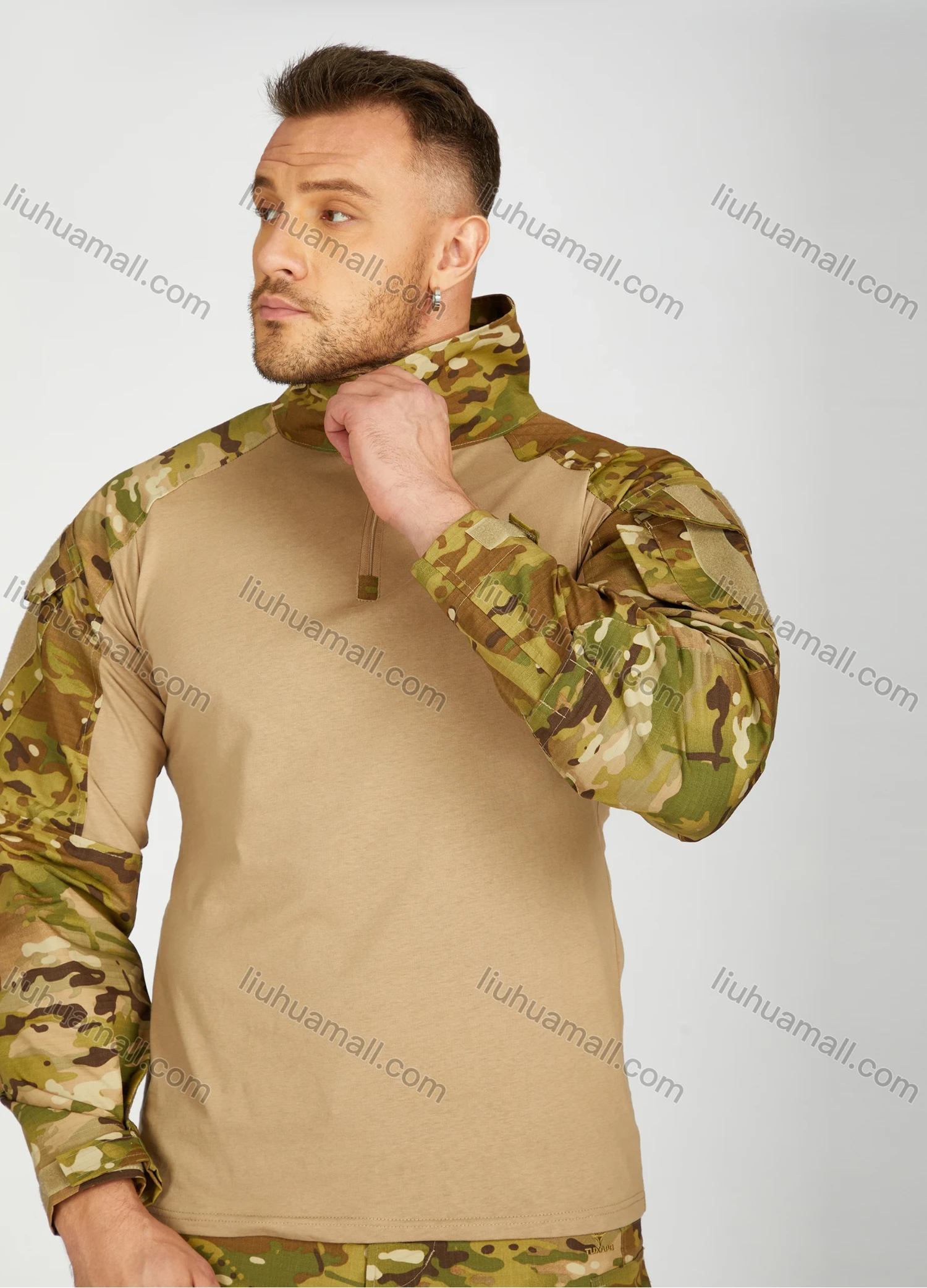 Wholesale Men's Outdoor Plain Splicing Camouflage Tactical Quarter Zip Long Sleeve High Neck Uniforms Top TT002CPL# - Liuhuamall