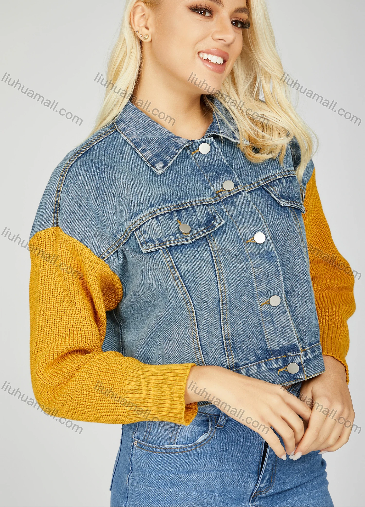 Wholesale Women's Trendy Plain Splicing Button Down Collared Flap Pockets Long Sleeve Crop Denim Jacket - Liuhuamall