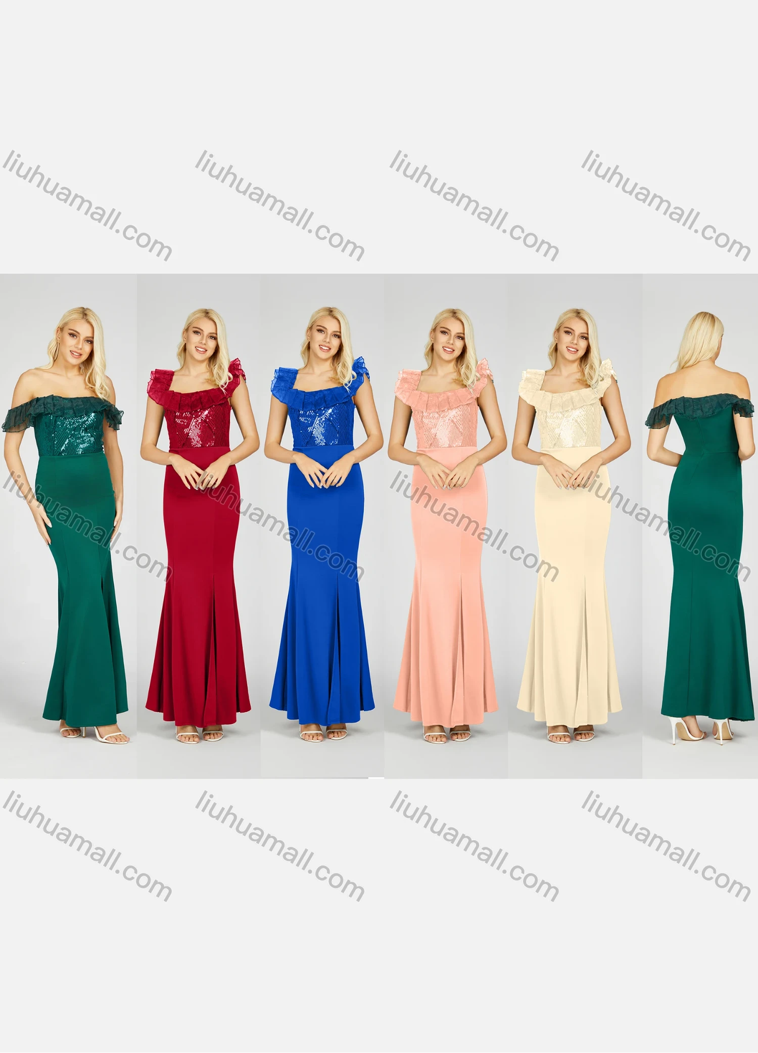 Wholesale Women's Glamorous Off Shoulder Plain Sequin Pleated Split Front Lace Trim Maxi Mermaid Evening Dress 7017# - Liuhuamall