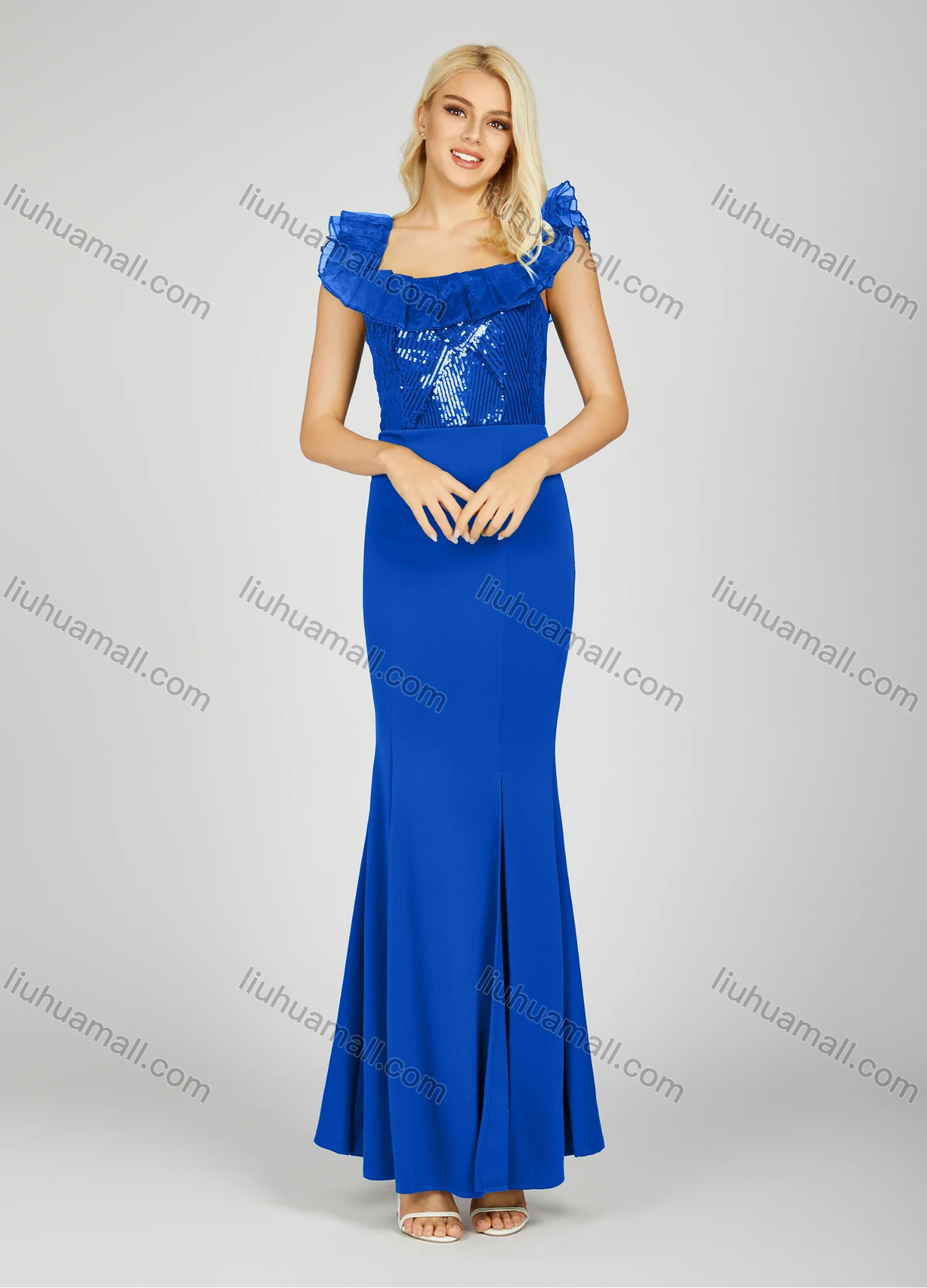 Wholesale Women's Glamorous Off Shoulder Plain Sequin Pleated Split Front Lace Trim Maxi Mermaid Evening Dress 7017# - Liuhuamall