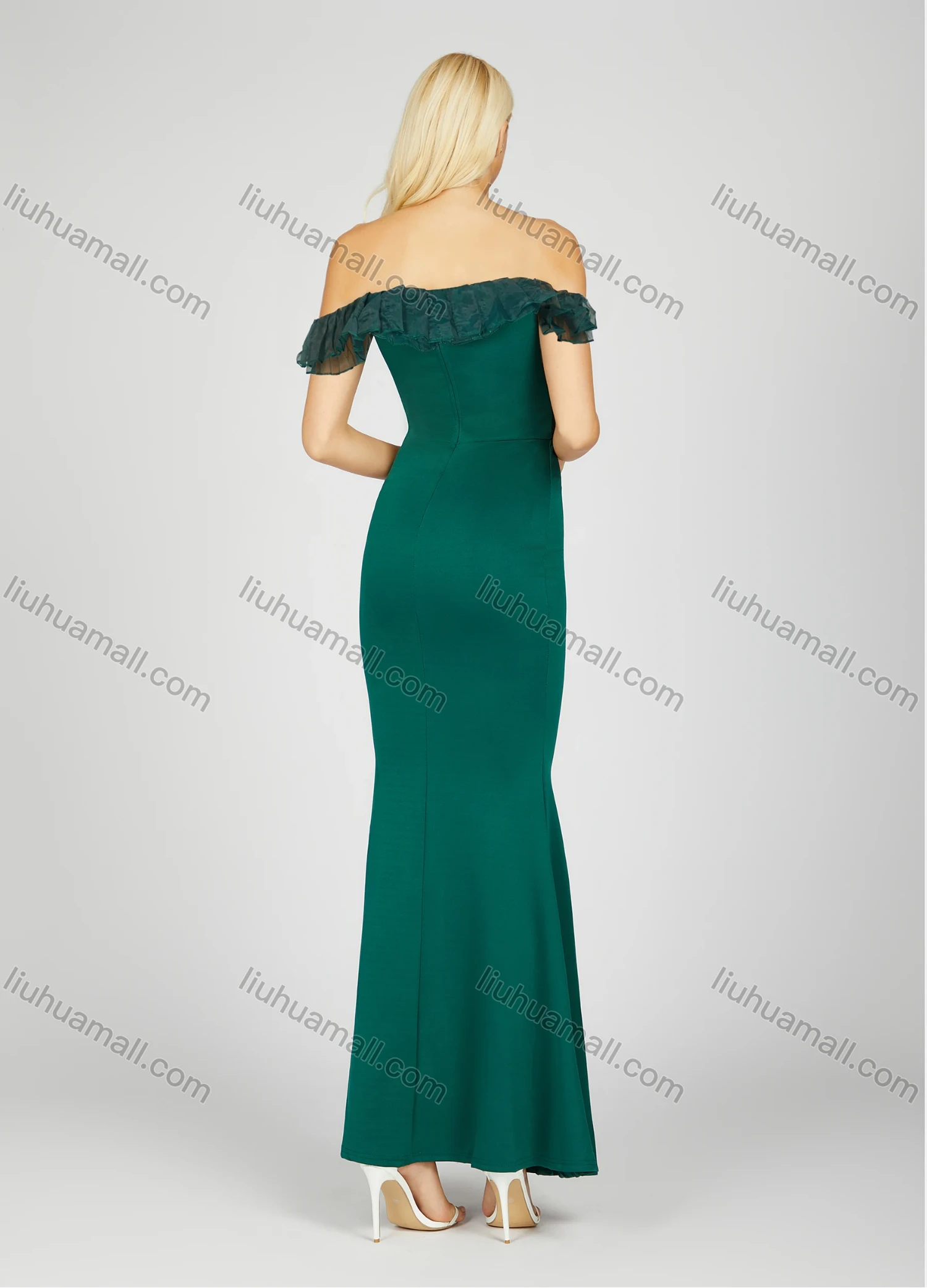 Wholesale Women's Glamorous Off Shoulder Plain Sequin Pleated Split Front Lace Trim Maxi Mermaid Evening Dress 7017# - Liuhuamall