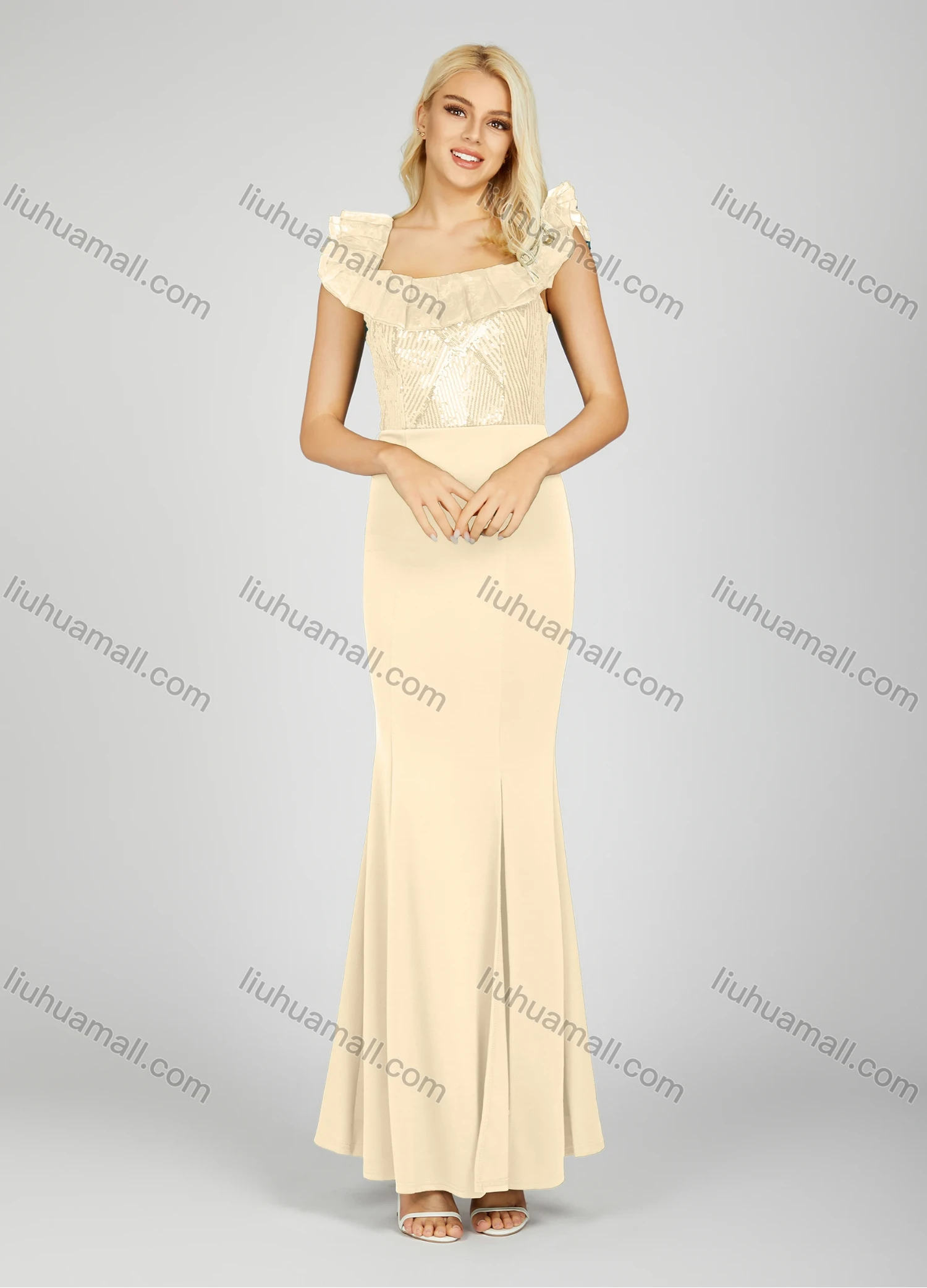 Wholesale Women's Glamorous Off Shoulder Plain Sequin Pleated Split Front Lace Trim Maxi Mermaid Evening Dress 7017# - Liuhuamall