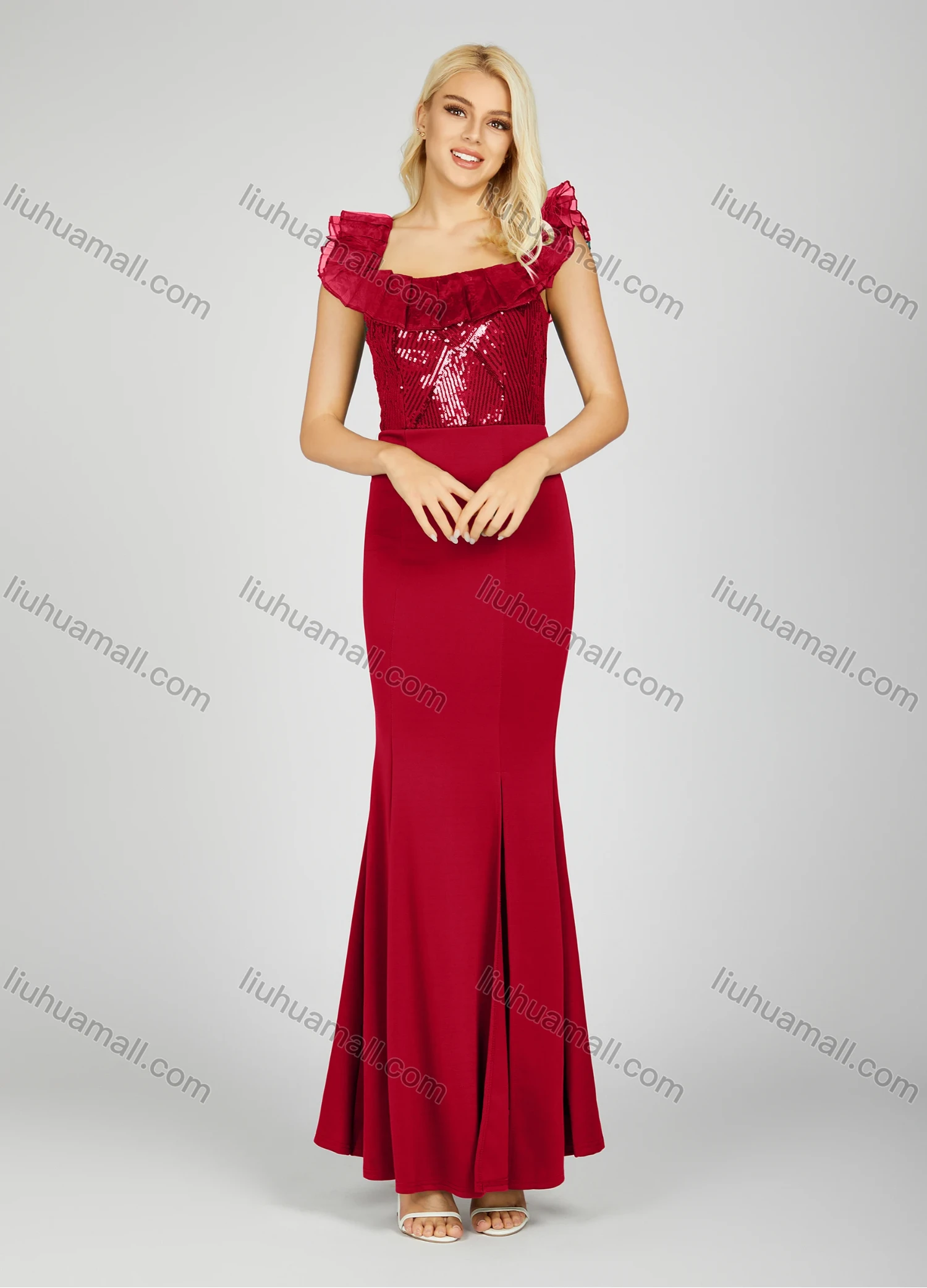 Wholesale Women's Glamorous Off Shoulder Plain Sequin Pleated Split Front Lace Trim Maxi Mermaid Evening Dress 7017# - Liuhuamall