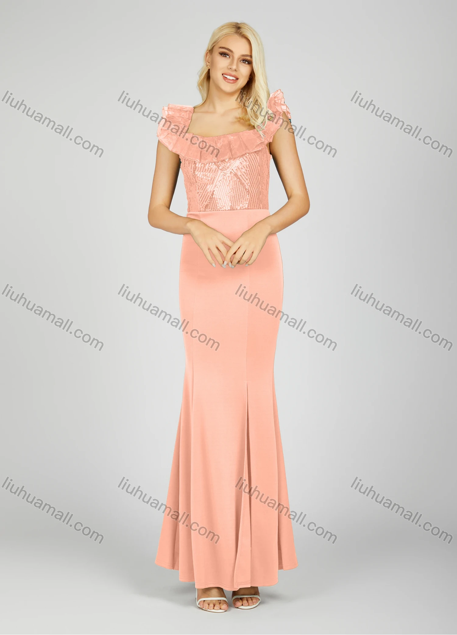 Wholesale Women's Glamorous Off Shoulder Plain Sequin Pleated Split Front Lace Trim Maxi Mermaid Evening Dress 7017# - Liuhuamall