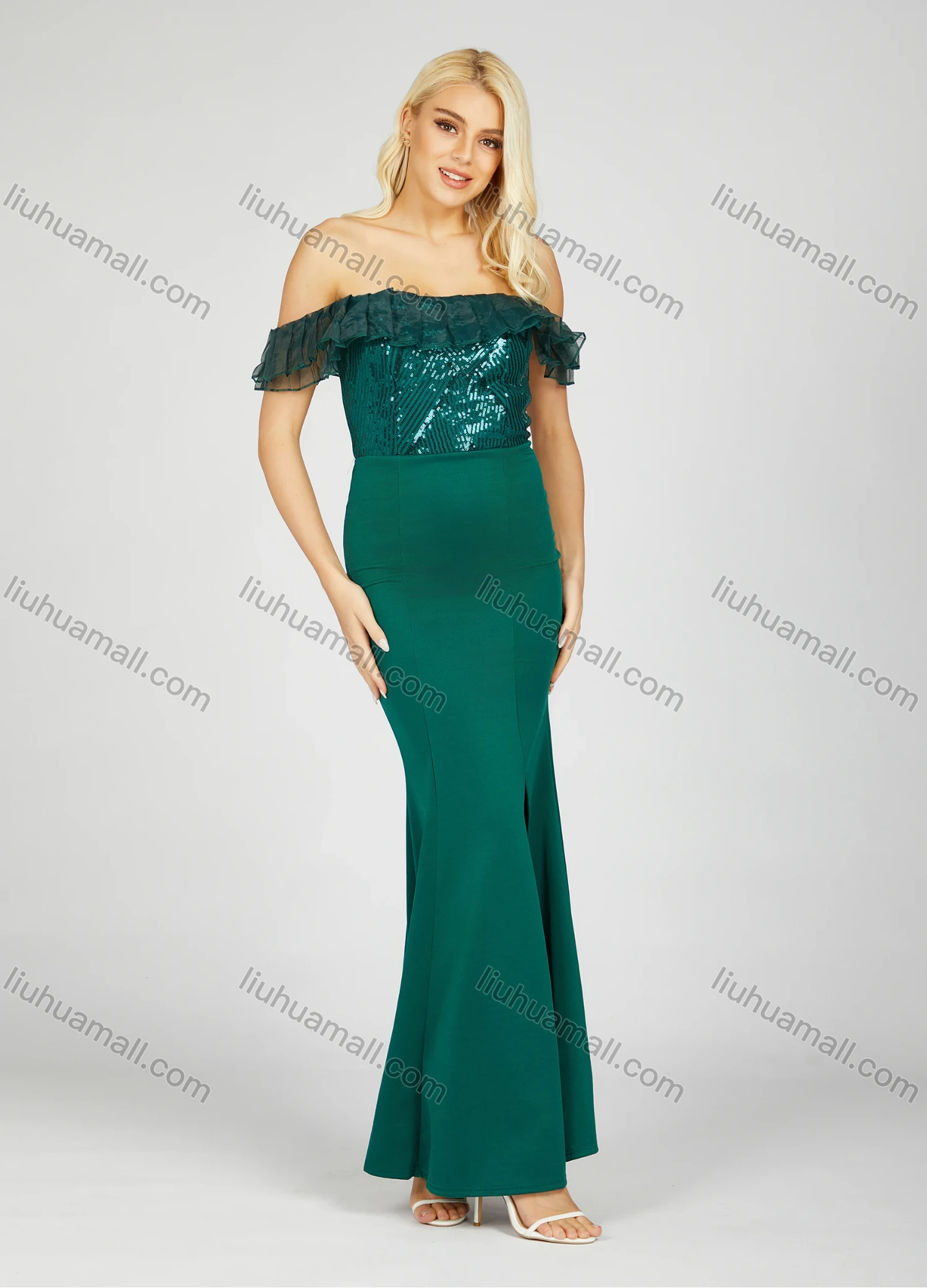 Wholesale Women's Glamorous Off Shoulder Plain Sequin Pleated Split Front Lace Trim Maxi Mermaid Evening Dress 7017# - Liuhuamall