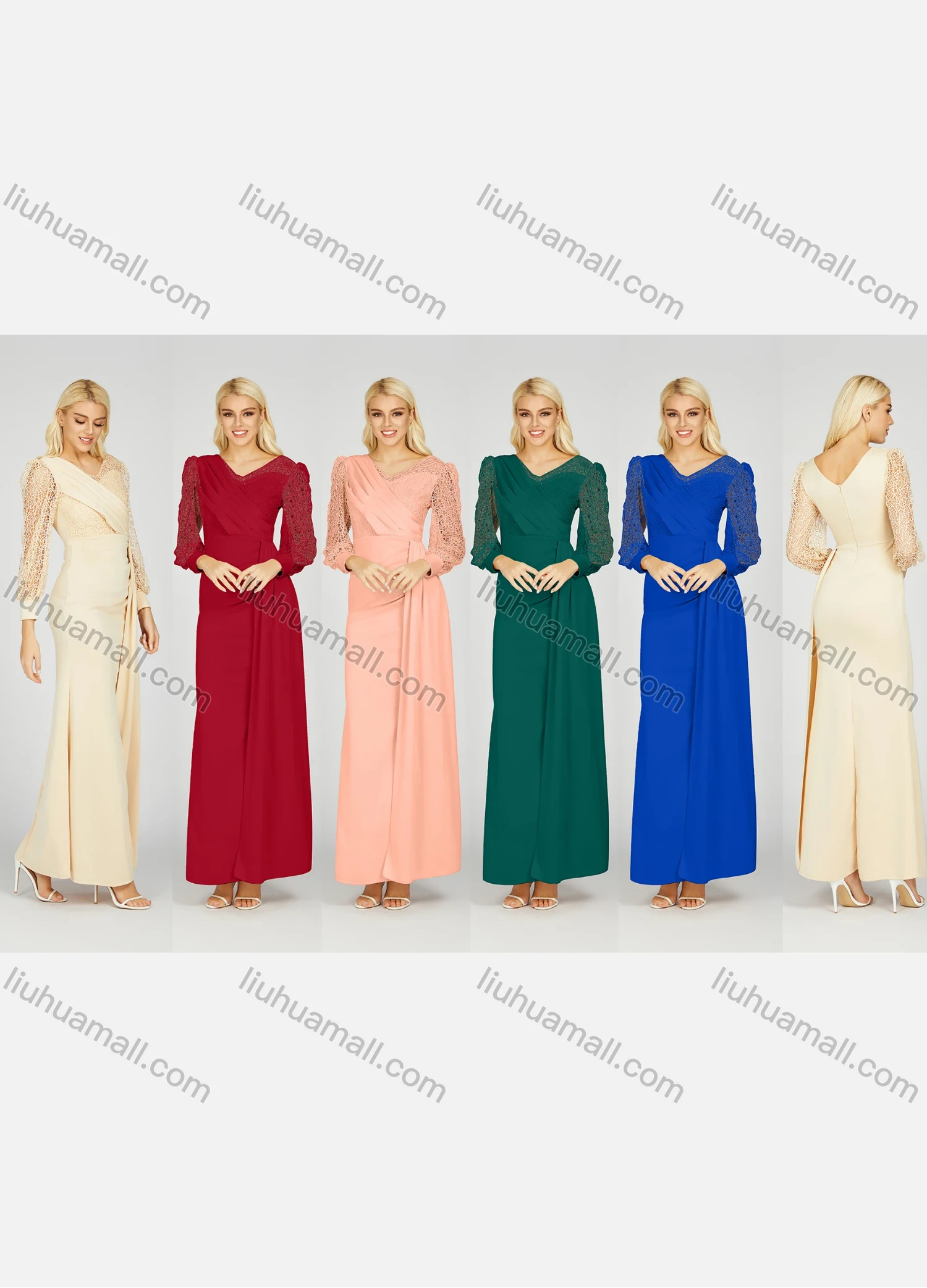 Wholesale Women's Elegant V Neck Plain Hollow Out Splicing Long Sleeve Pleated Split Side Maxi Evening Dress 7021# - Liuhuamall
