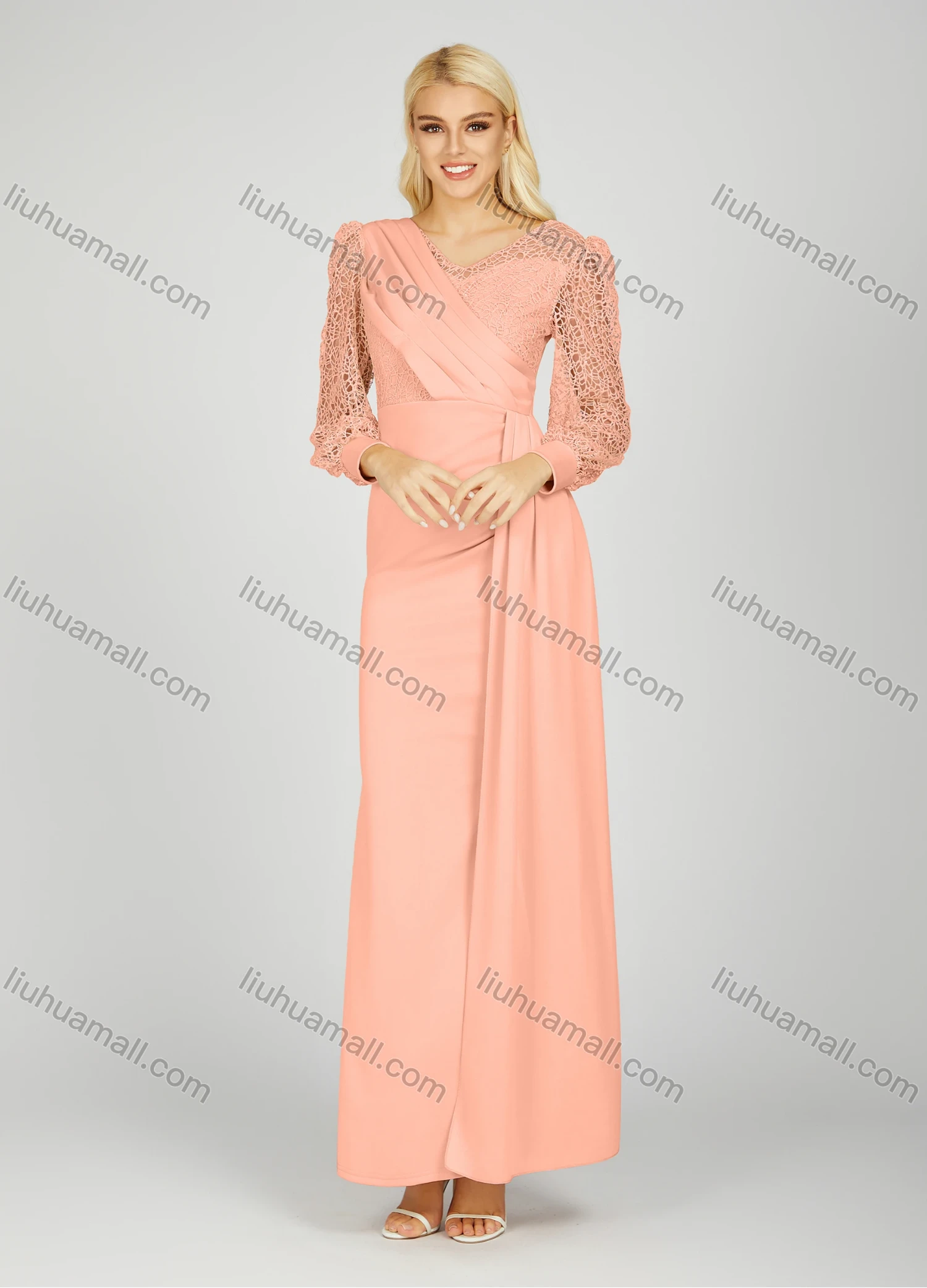 Wholesale Women's Elegant V Neck Plain Hollow Out Splicing Long Sleeve Pleated Split Side Maxi Evening Dress 7021# - Liuhuamall