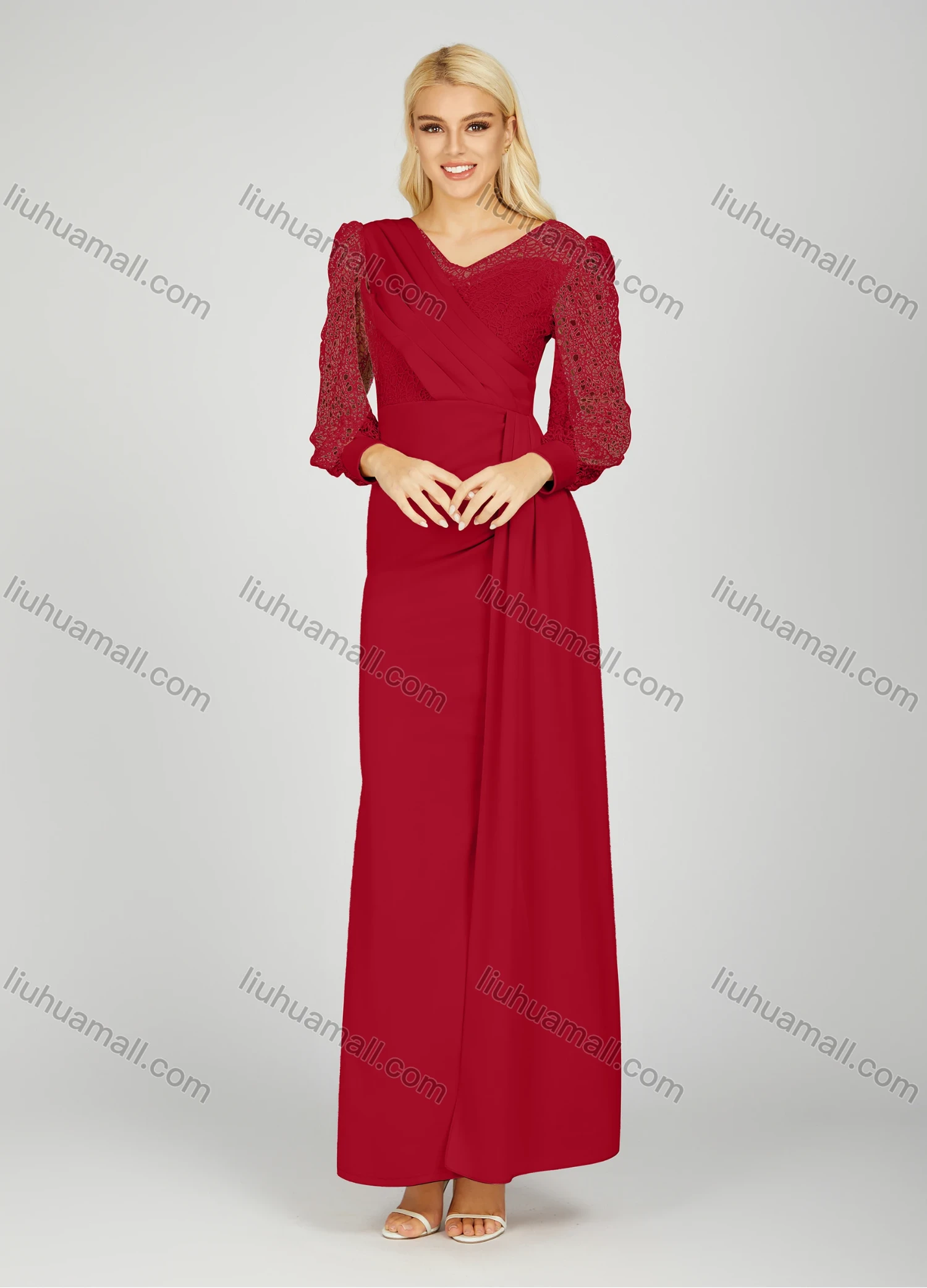 Wholesale Women's Elegant V Neck Plain Hollow Out Splicing Long Sleeve Pleated Split Side Maxi Evening Dress 7021# - Liuhuamall