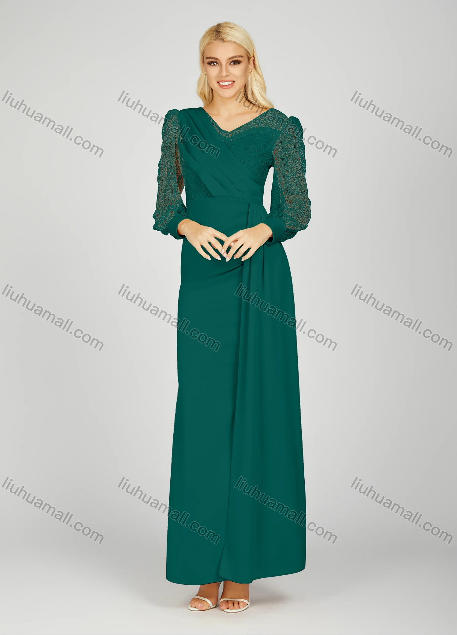 Wholesale Women's Elegant V Neck Plain Hollow Out Splicing Long Sleeve Pleated Split Side Maxi Evening Dress 7021# - Liuhuamall