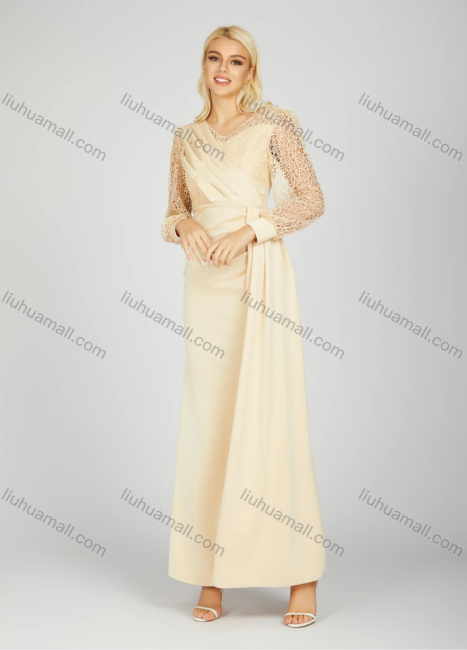 Wholesale Women's Elegant V Neck Plain Hollow Out Splicing Long Sleeve Pleated Split Side Maxi Evening Dress 7021# - Liuhuamall