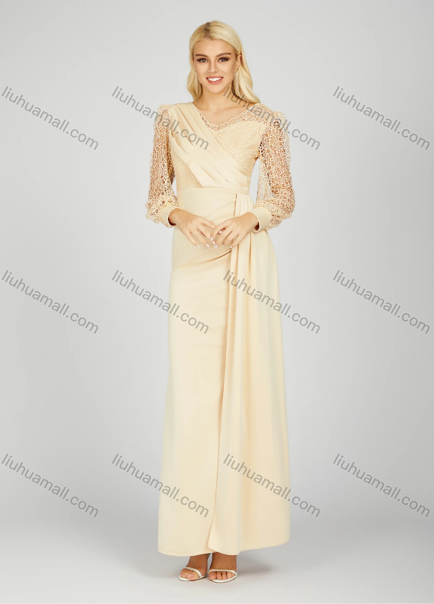 Wholesale Women's Elegant V Neck Plain Hollow Out Splicing Long Sleeve Pleated Split Side Maxi Evening Dress 7021# - Liuhuamall