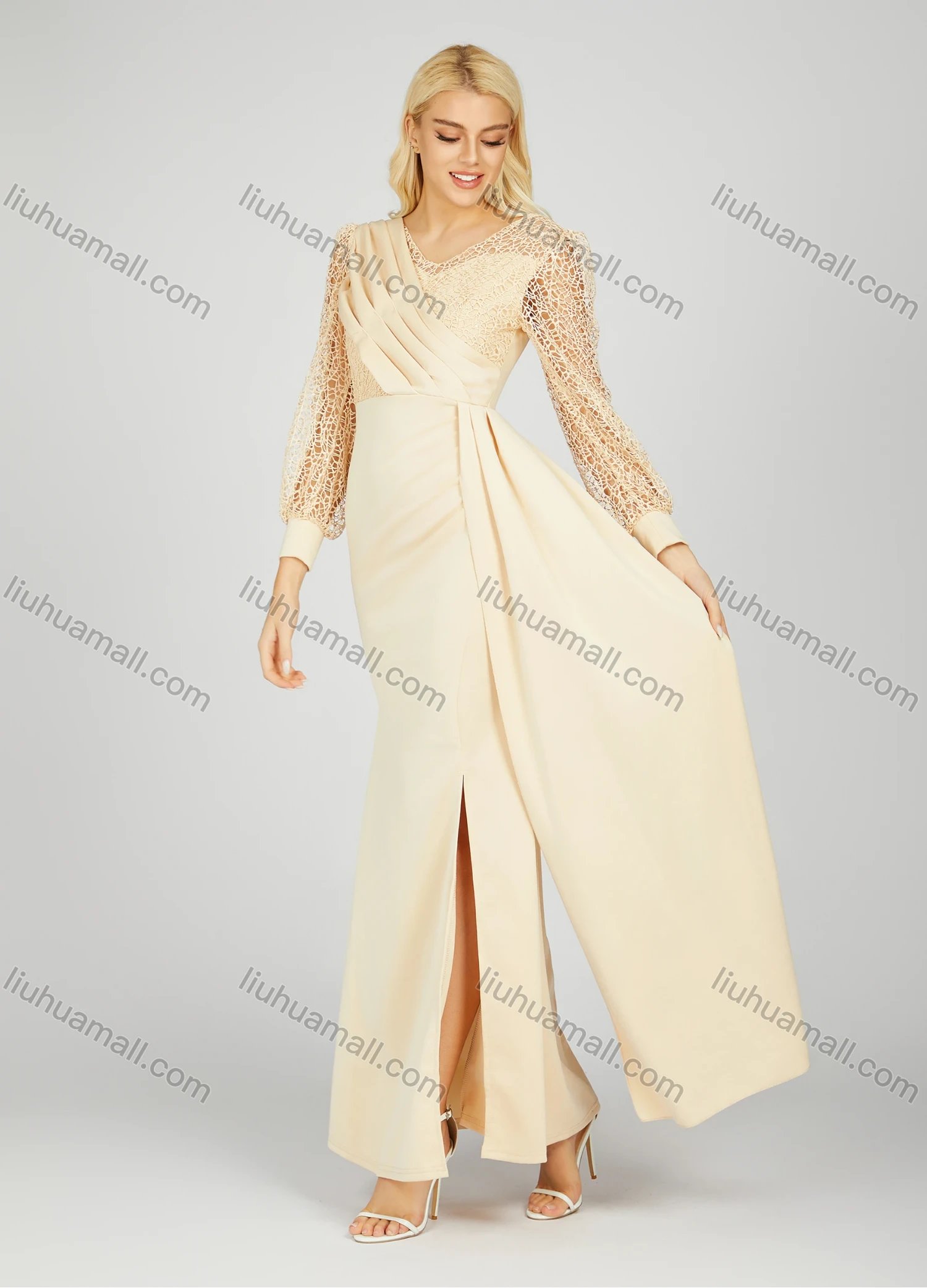 Wholesale Women's Elegant V Neck Plain Hollow Out Splicing Long Sleeve Pleated Split Side Maxi Evening Dress 7021# - Liuhuamall