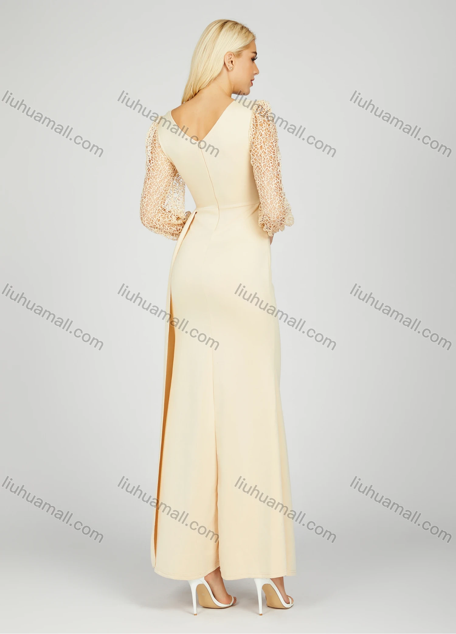 Wholesale Women's Elegant V Neck Plain Hollow Out Splicing Long Sleeve Pleated Split Side Maxi Evening Dress 7021# - Liuhuamall