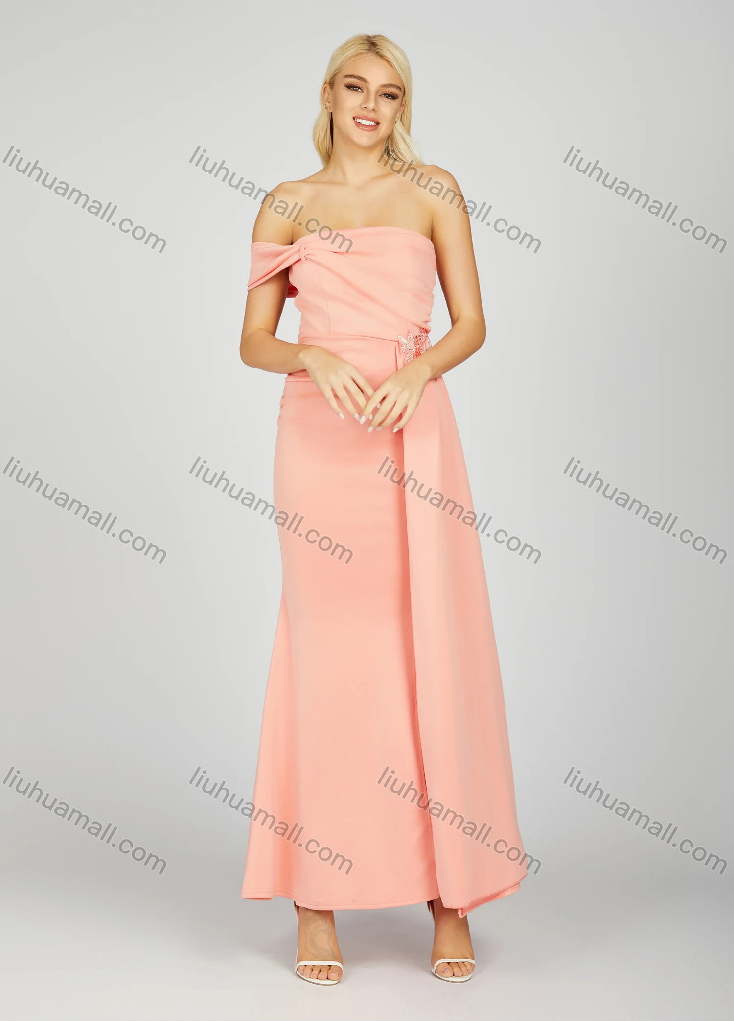 Wholesale Women's Glamorous Plain Ruched Sequin Beaded Decor Split Hem Maxi Evening Dress 7023# - Liuhuamall