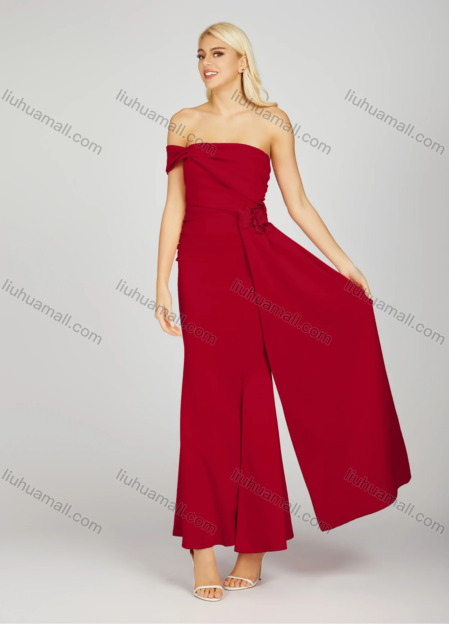 Wholesale Women's Glamorous Plain Ruched Sequin Beaded Decor Split Hem Maxi Evening Dress 7023# - Liuhuamall