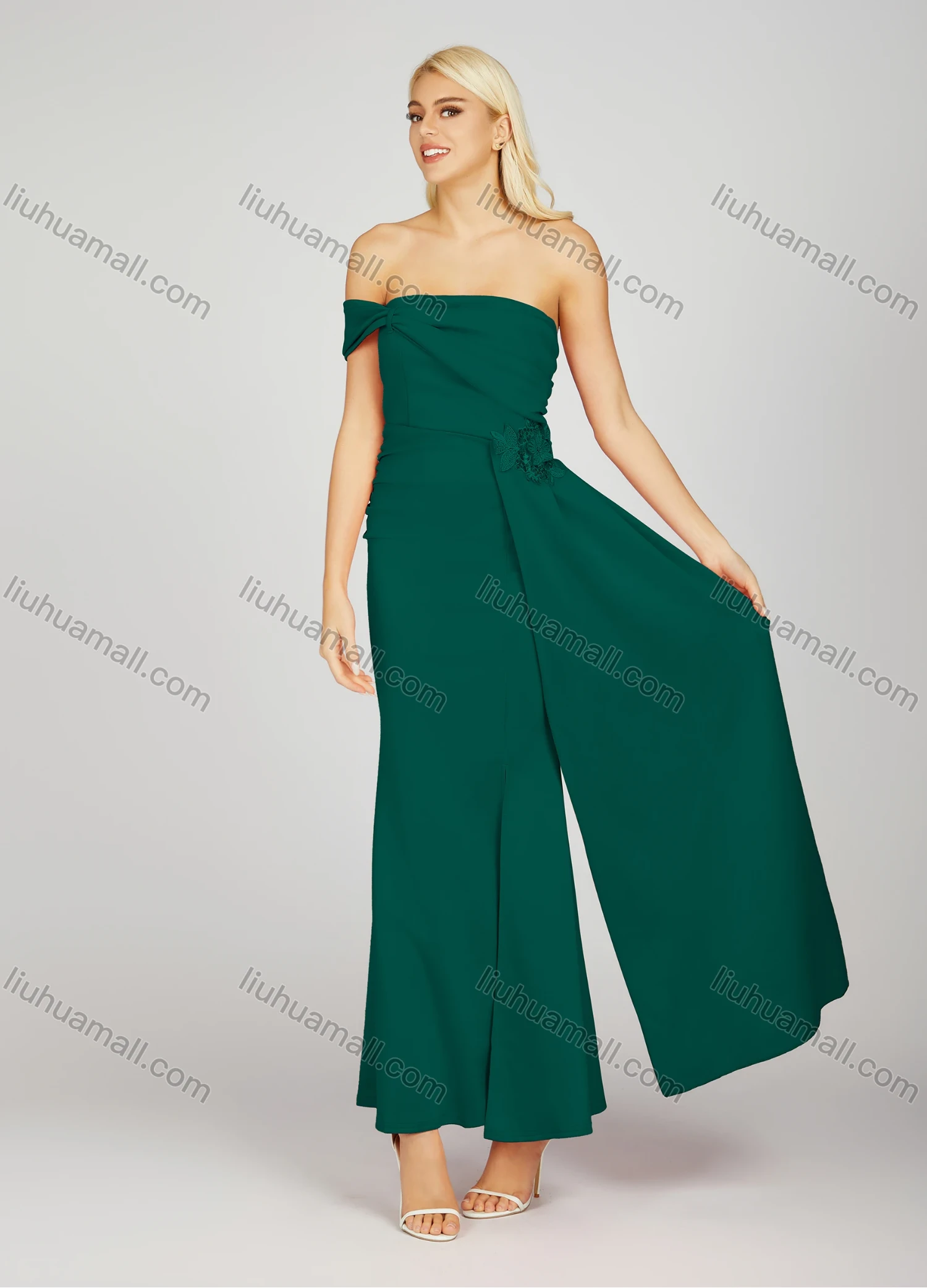 Wholesale Women's Glamorous Plain Ruched Sequin Beaded Decor Split Hem Maxi Evening Dress 7023# - Liuhuamall